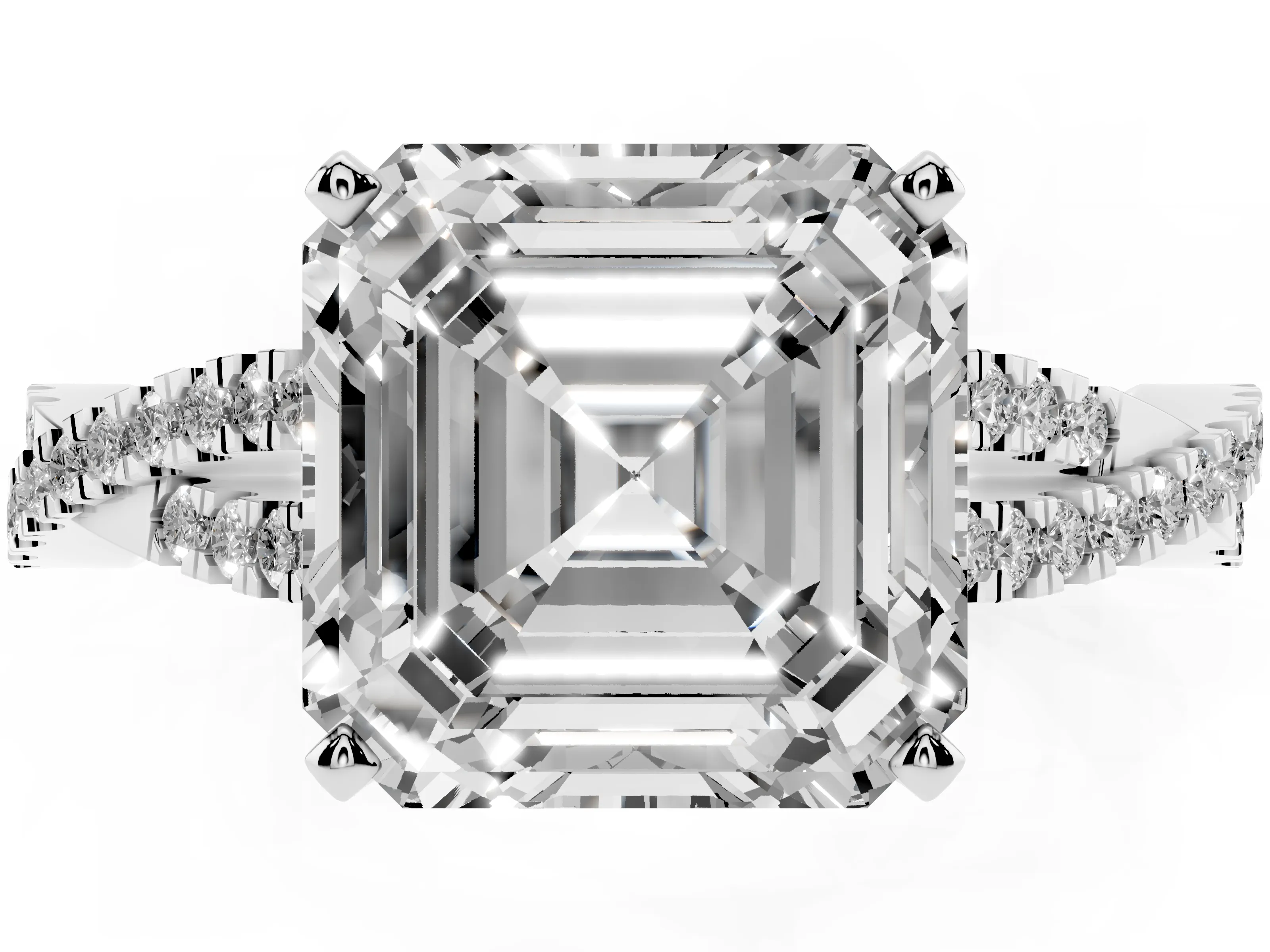 Asscher Cut Diamond Solitaire Engagement Ring Set in White gold with Twisted Pavé Band and Prong Setting