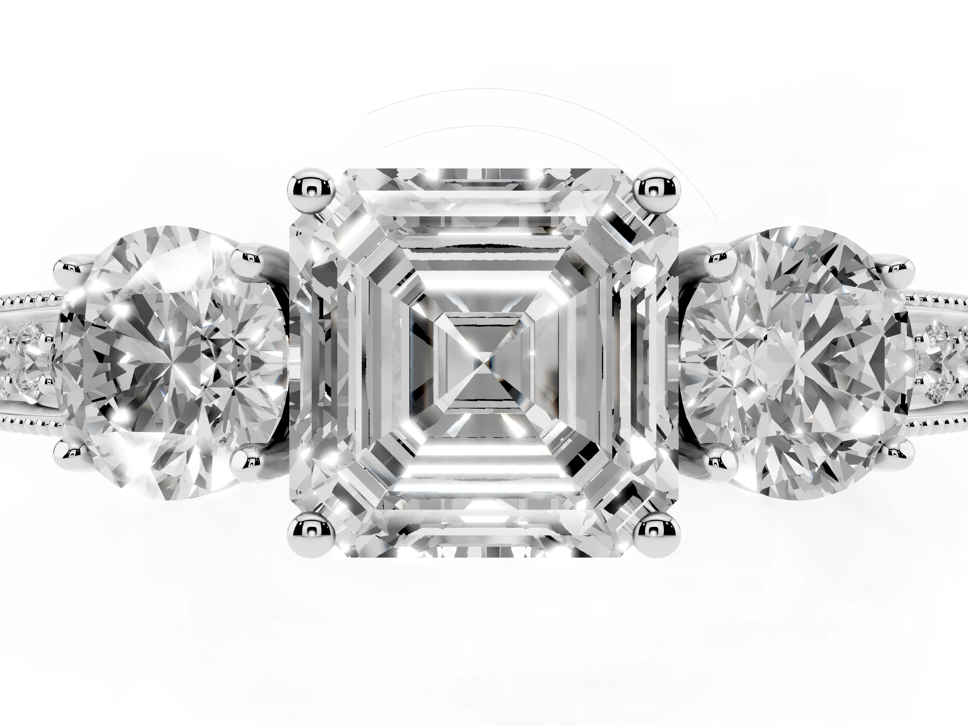 Asscher Cut Diamond Three-Stone Ring Set in Platinum with Round Side Stones and Pavé Band