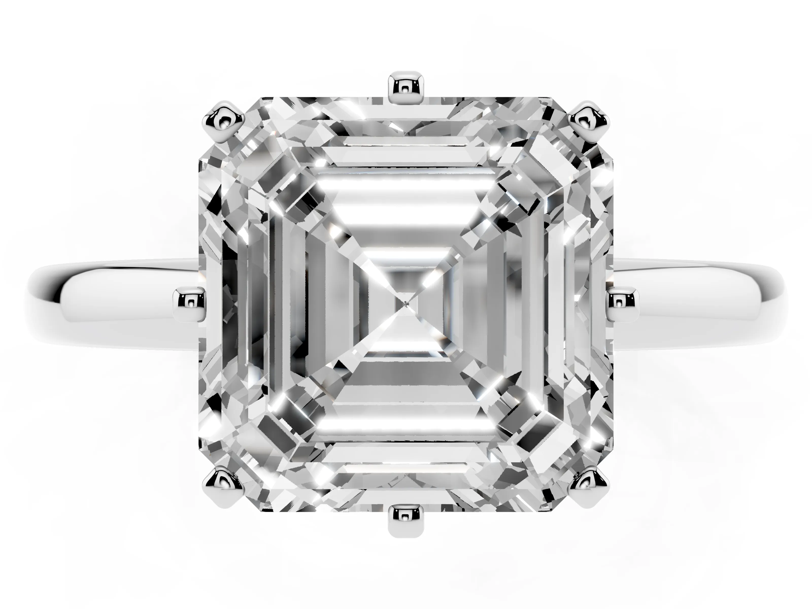 Asscher Cut Diamond Solitaire Ring Set in Platinum with Raised Prong Setting on a Classic Band