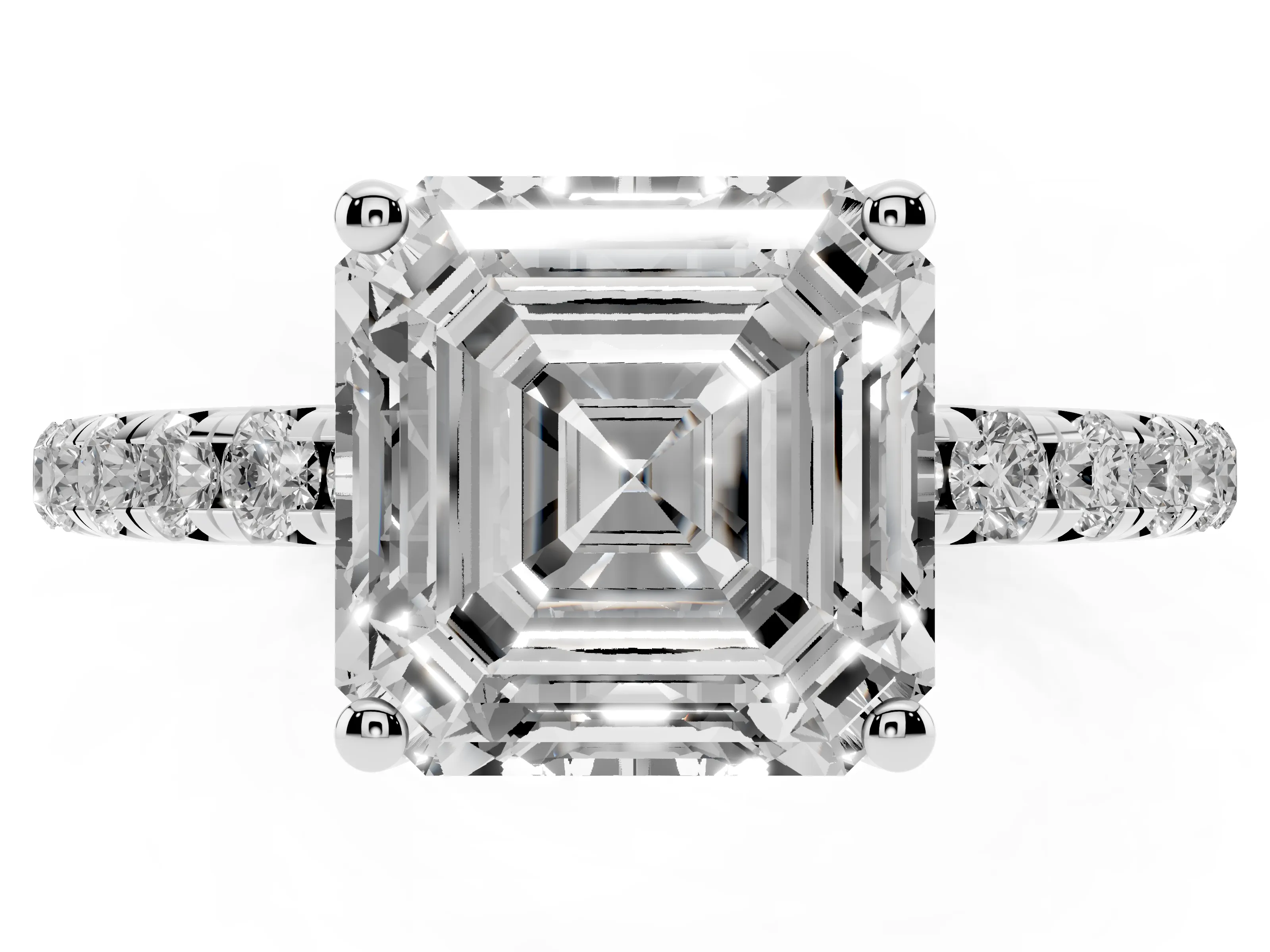 Asscher Cut Diamond Solitaire Ring Set in Platinum with Micro Pavé Band and Prong Setting