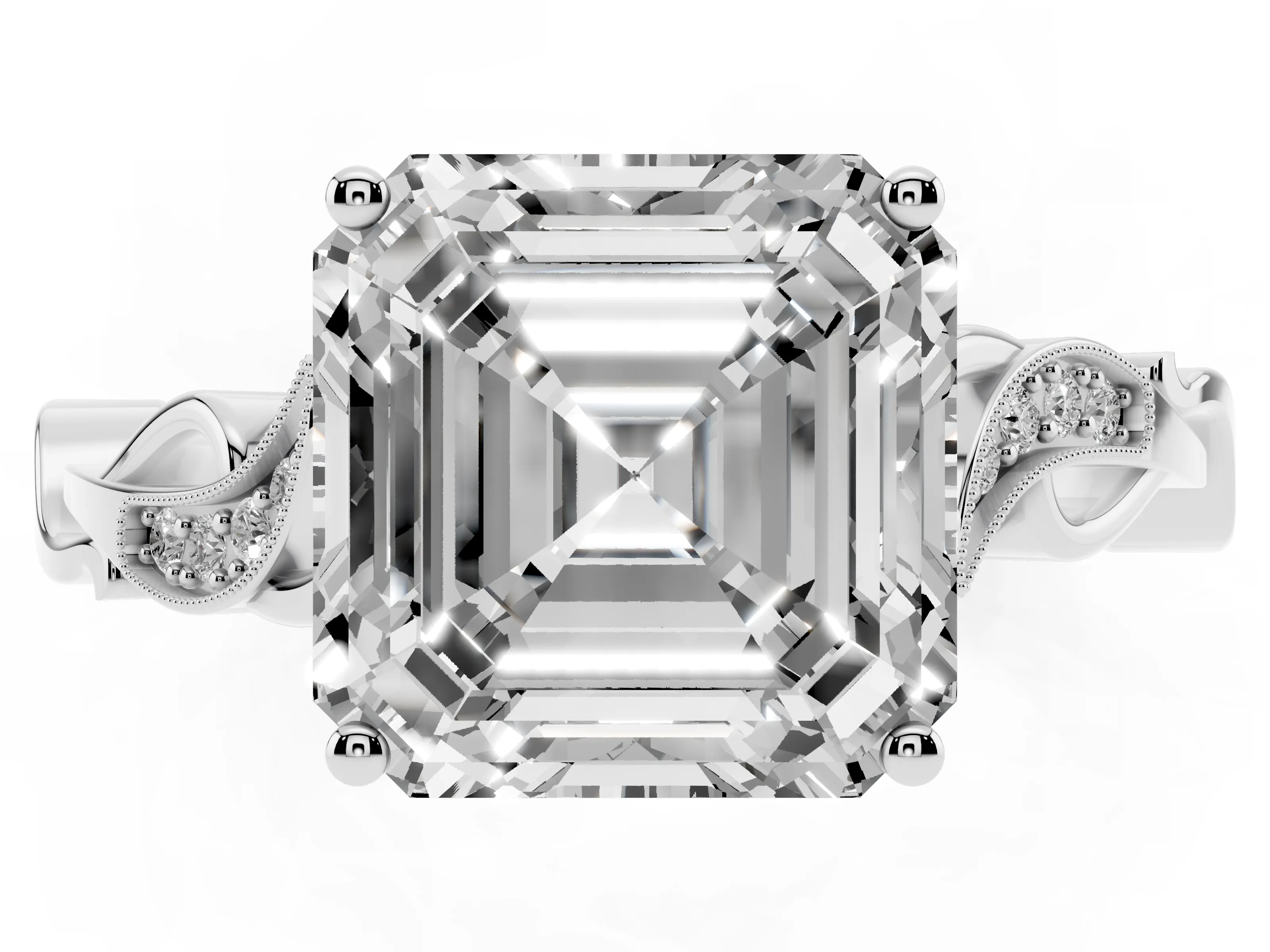 Asscher Cut Diamond Vine Band Solitaire Ring Set in Silver with Milgrain Prong Setting