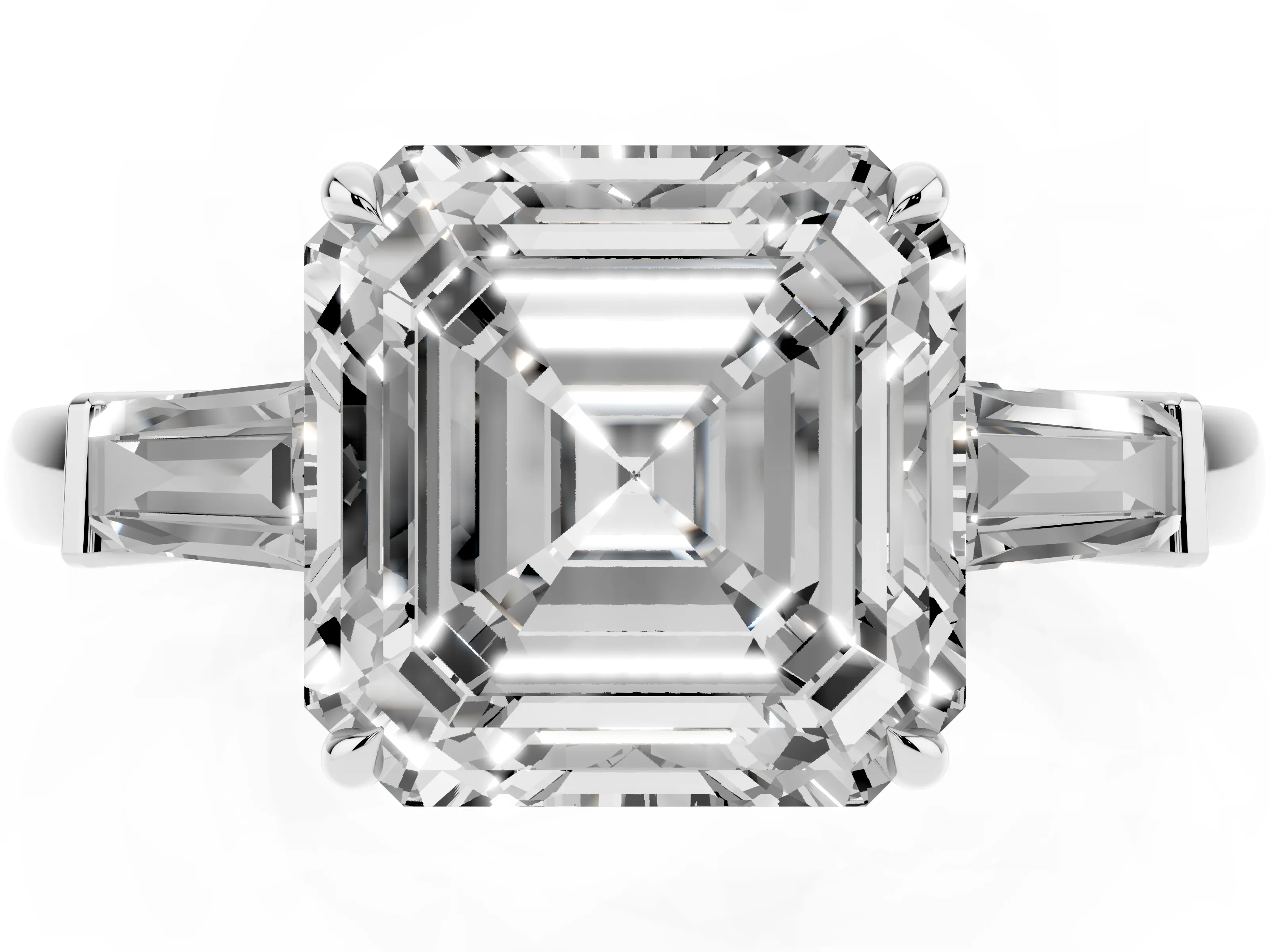 Asscher Cut Diamond Three-Stone Ring Set in White gold with Tapered Baguette Side Stones and Prong Setting