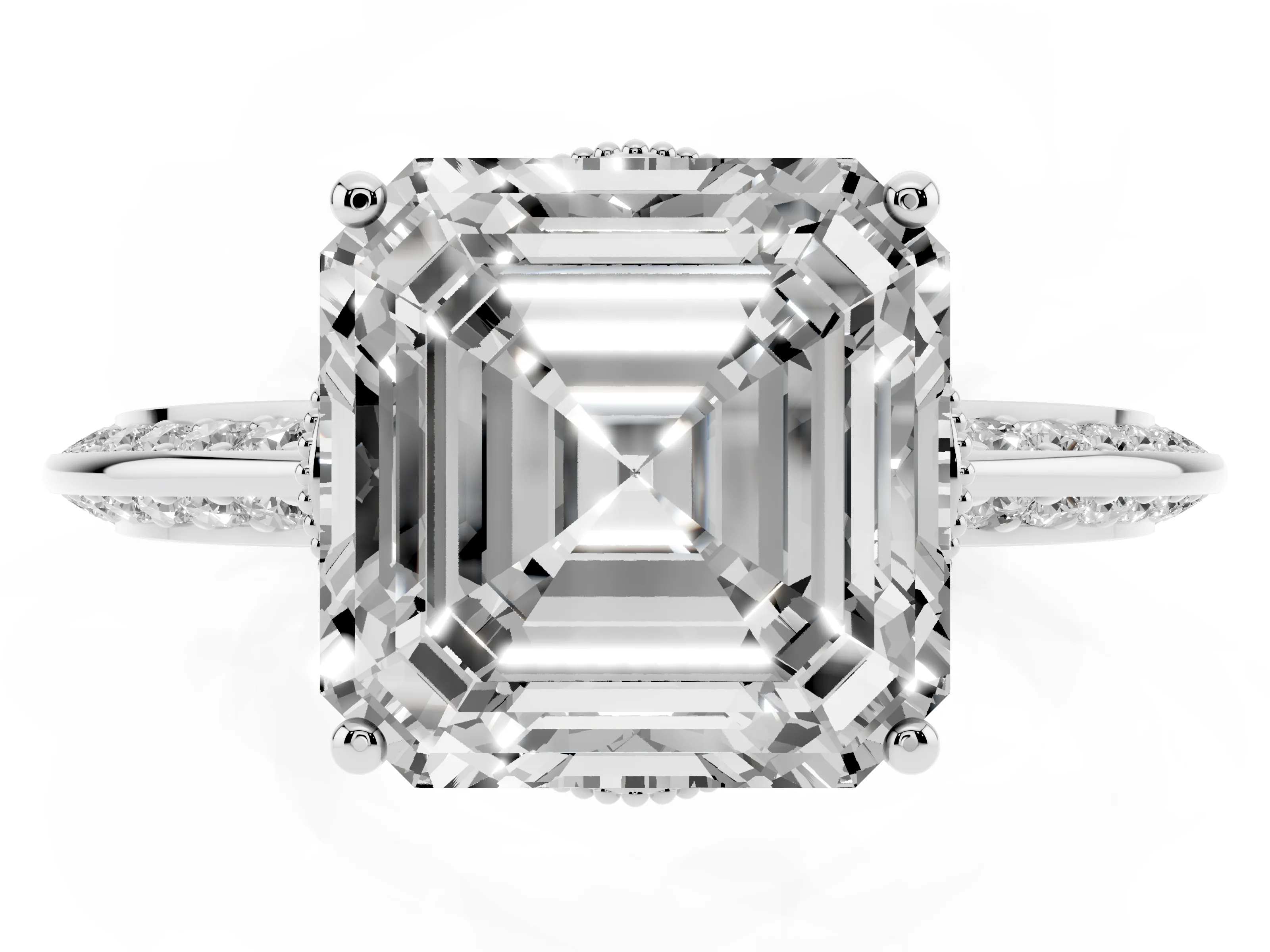 Asscher Cut Diamond Solitaire Engagement Ring Set in Platinum with Pavé Split Shank and Prong Setting