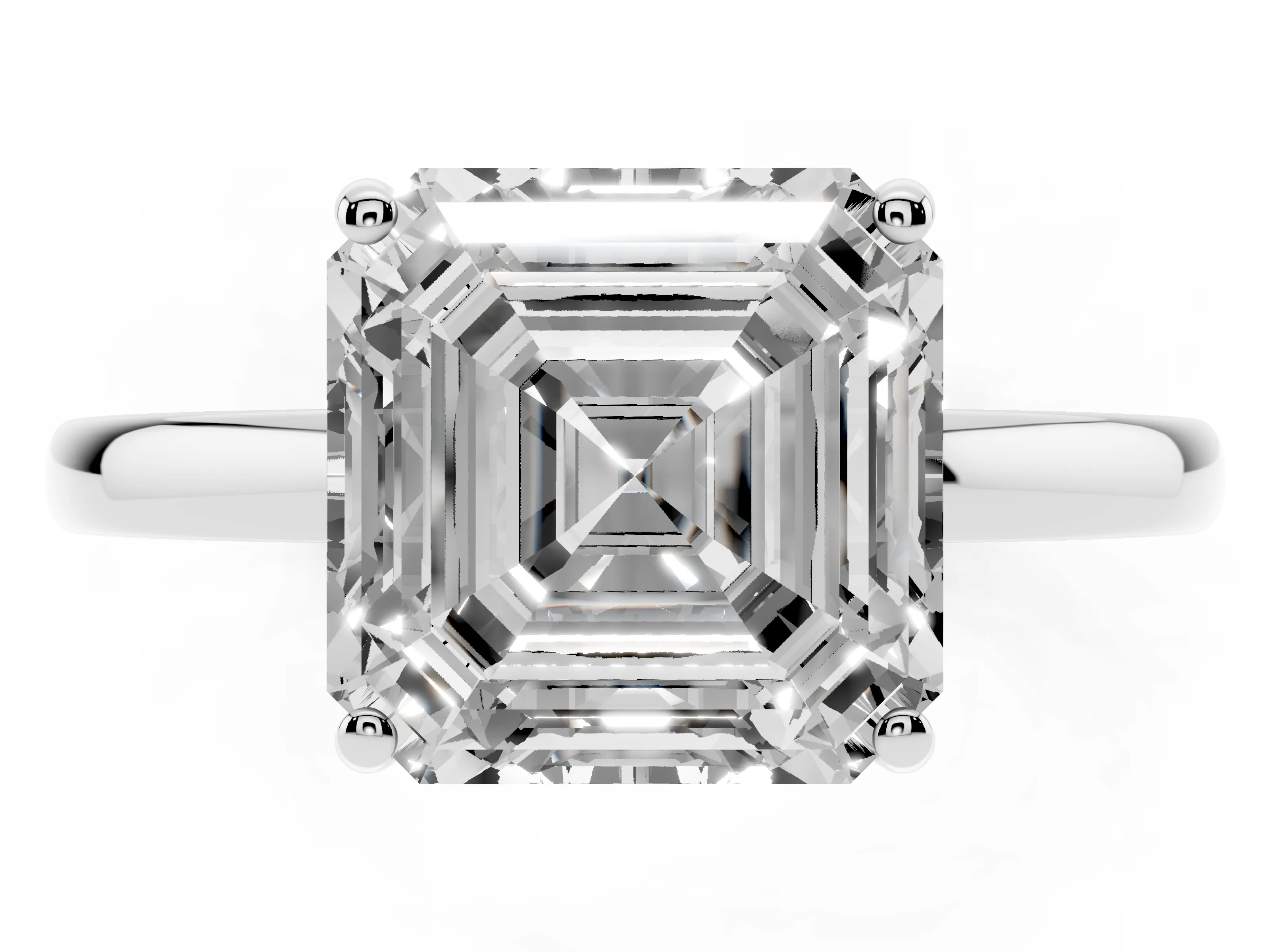 Asscher Cut Diamond Solitaire Ring Set in Silver with Plain Band and Prong Setting