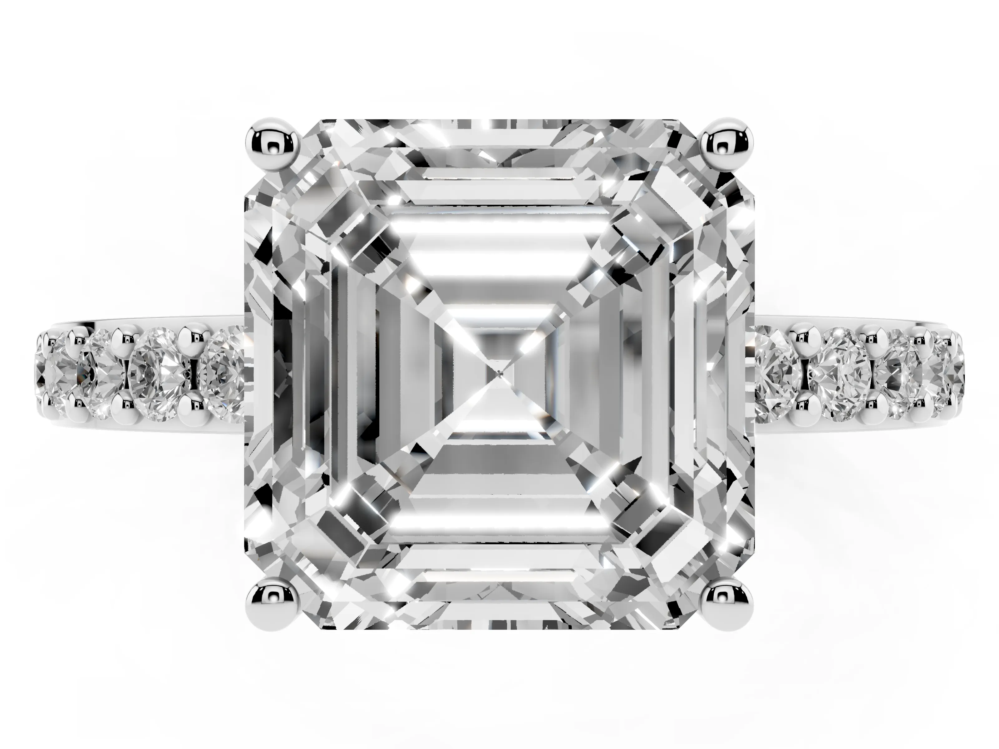 Asscher Cut Diamond Solitaire Set in Silver with Round Pavé Band and Prong Setting