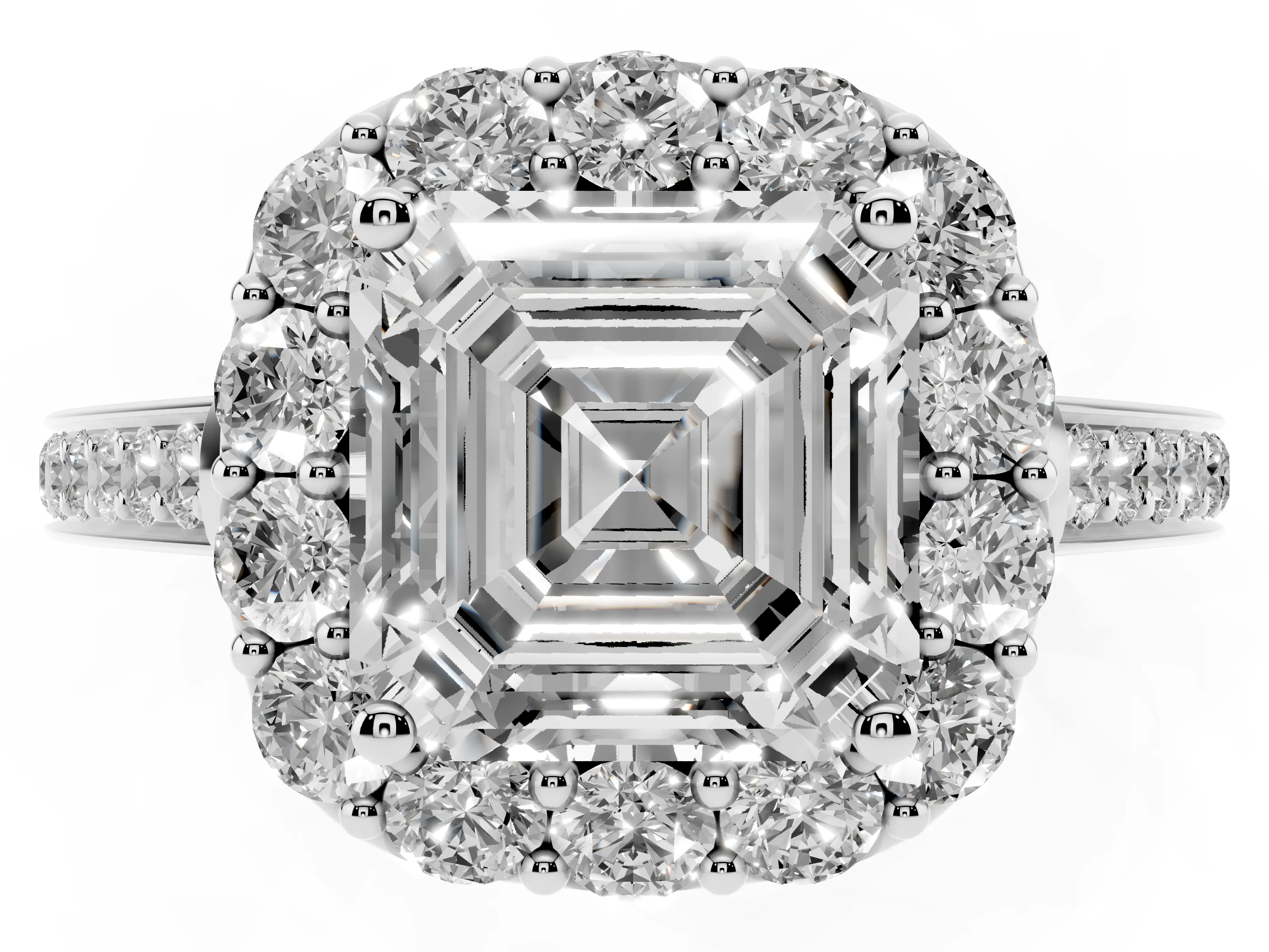 Asscher Cut Diamond Floral Halo Ring Set in White gold with Pavé Band and Prong Setting