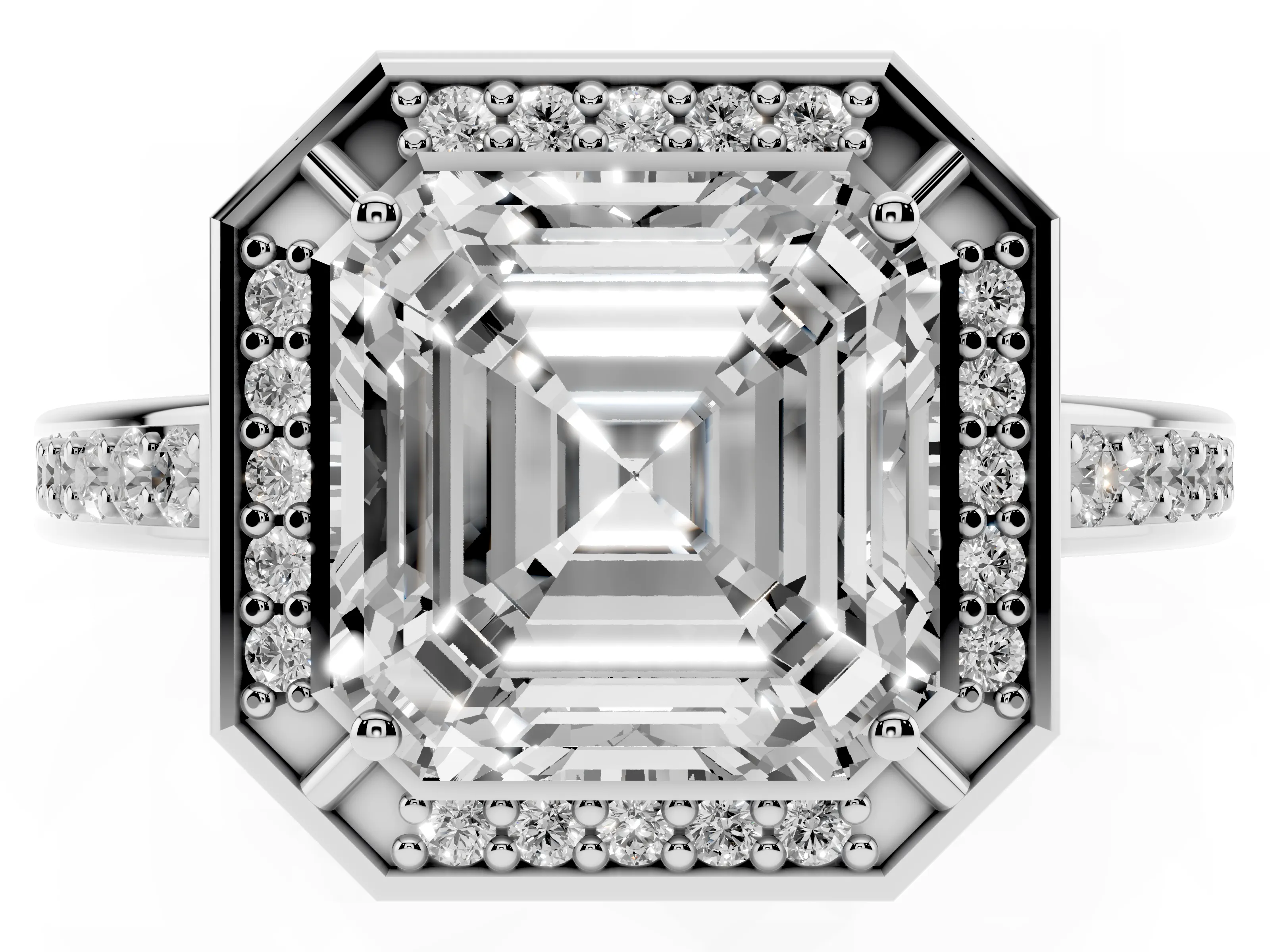 Asscher Cut Diamond Halo Pavé Split Shank Ring Set in White gold with Prong Setting