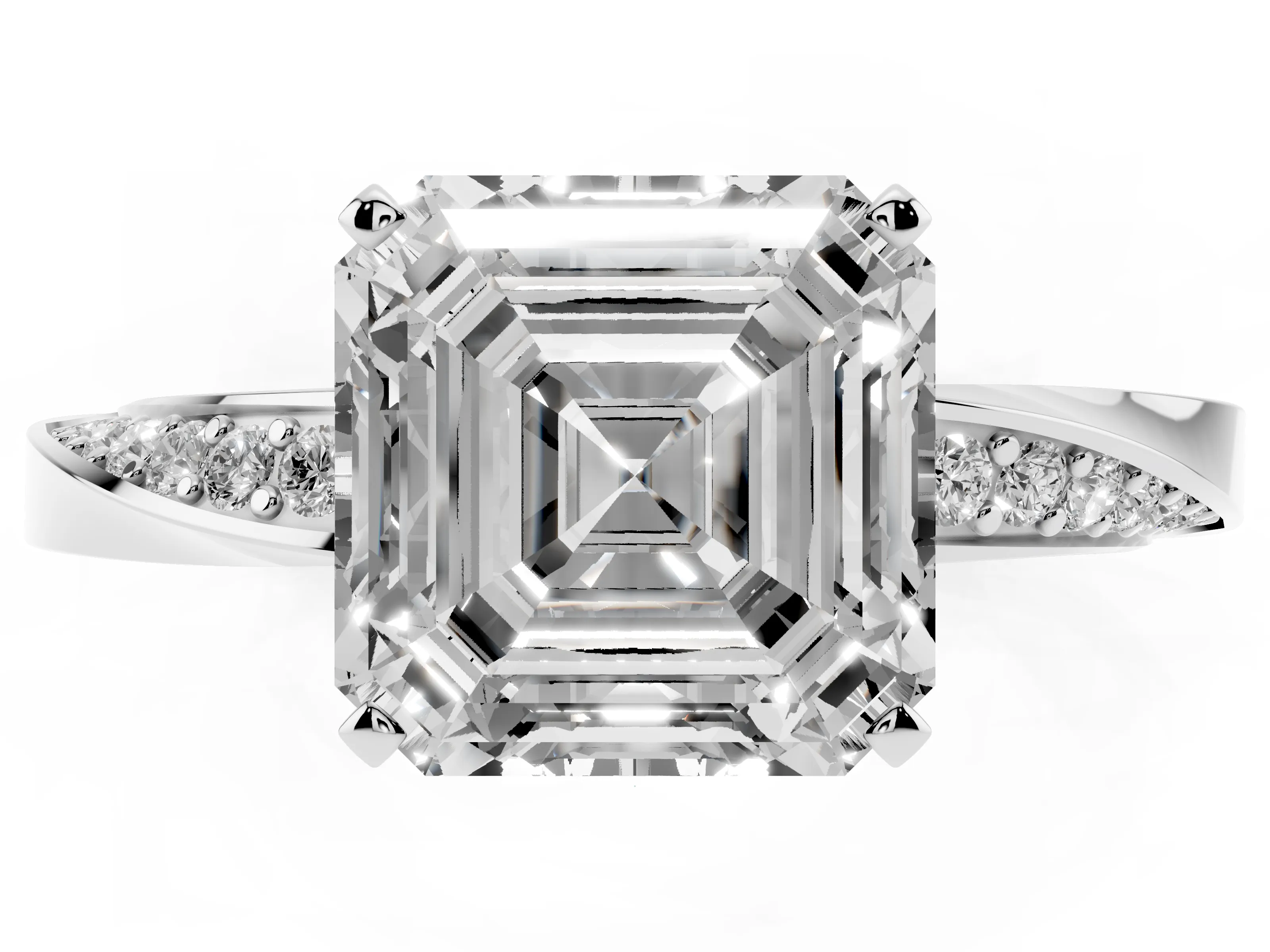 Asscher Cut Diamond Engagement Ring Set in Platinum with Side Stone Accents and Prong Setting