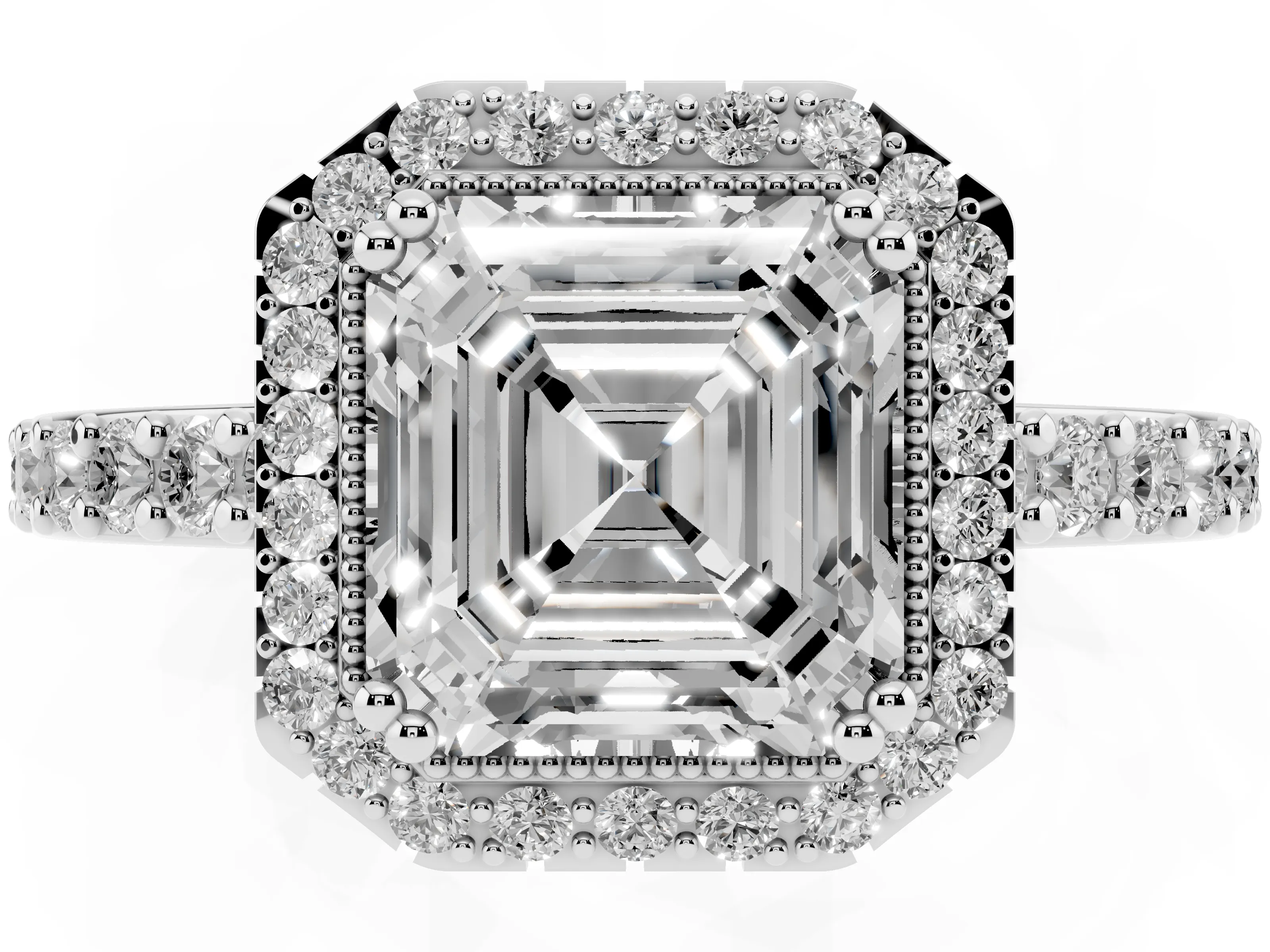 Asscher Cut Diamond Halo Engagement Ring Set in Silver with Milgrain Detail and Pavé Band