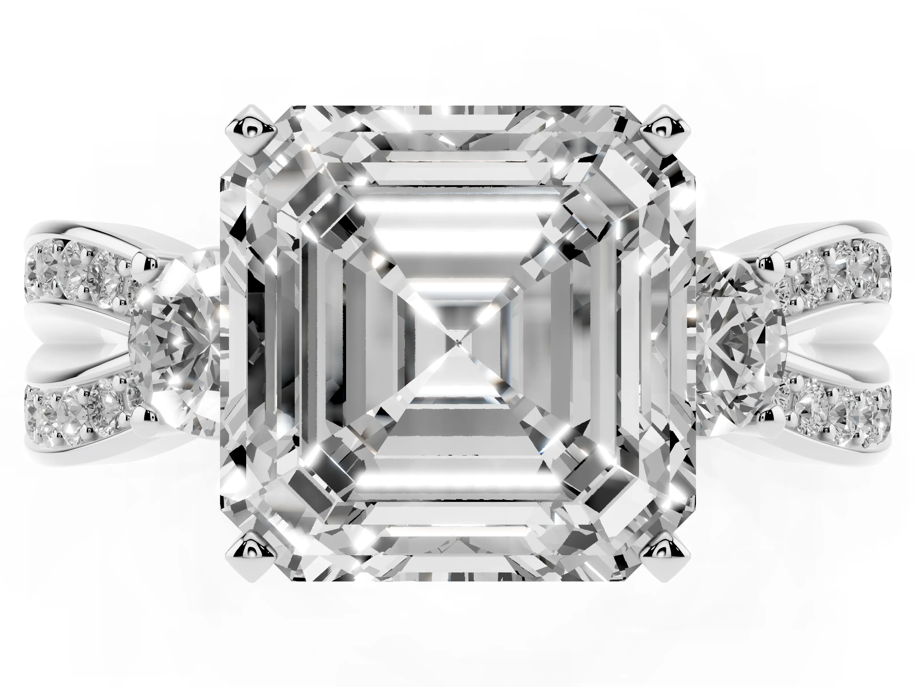 Three-Stone Asscher Cut Diamond Twist Band Ring Set in Silver with Pavé Accents and Prong Setting