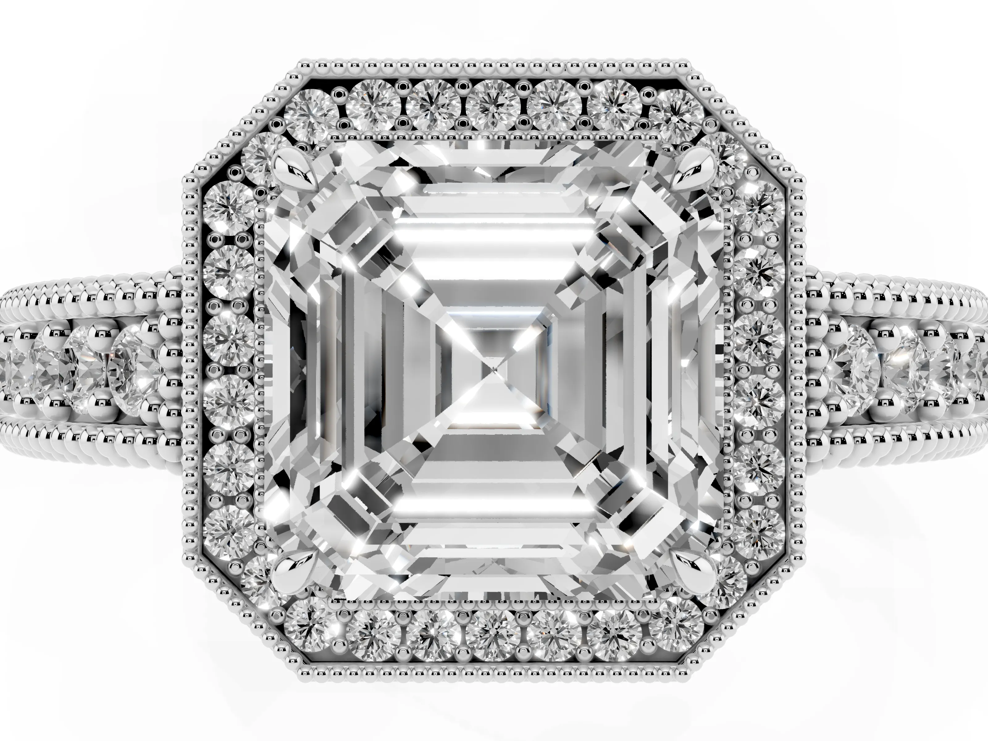 Asscher Cut Diamond Halo Ring Set in White gold with Round Accent Halo, Pavé Band and Prong Setting