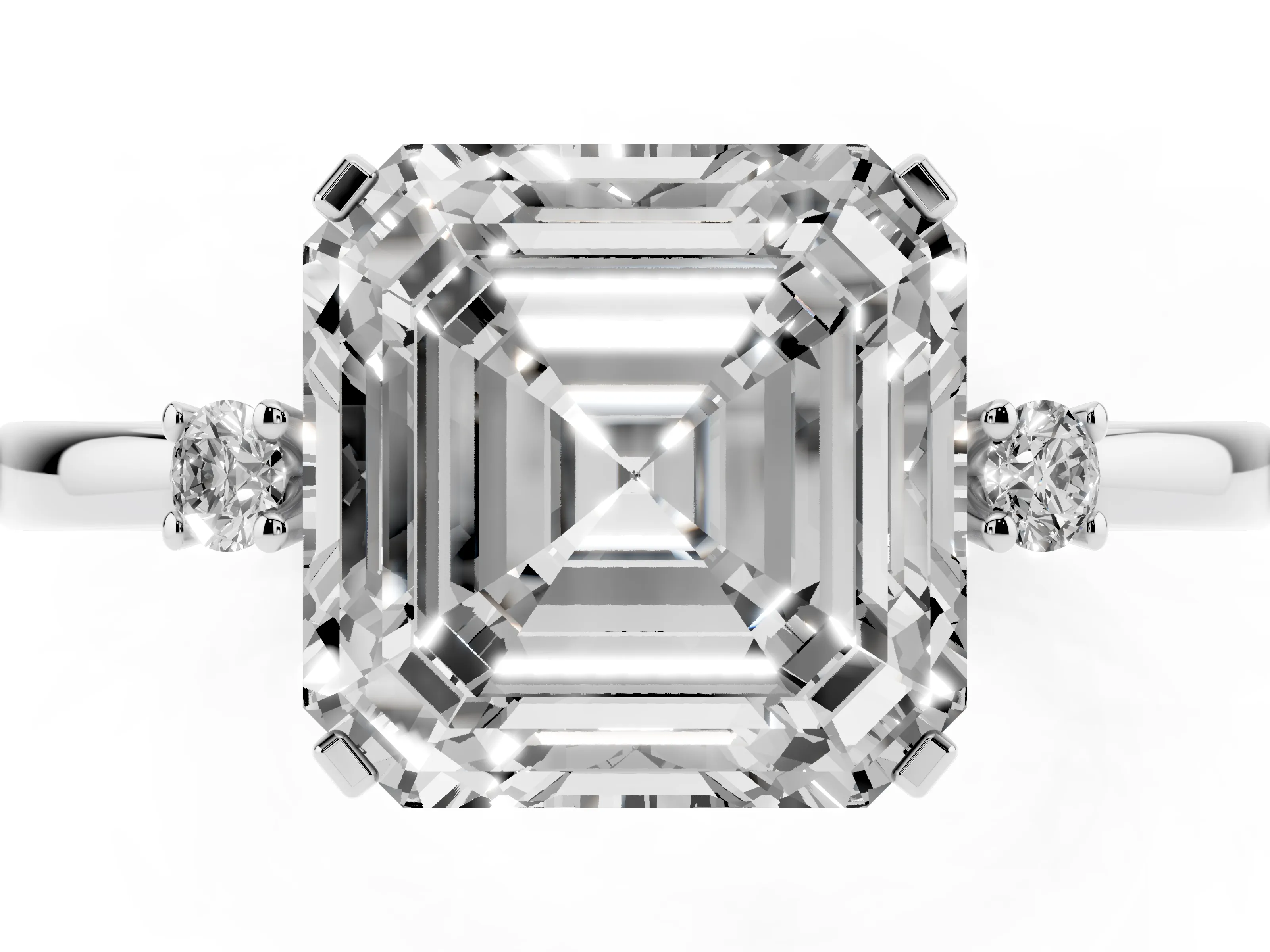 Three-Stone Asscher Cut Diamond Solitaire Ring Set in Silver with Round Accent Stones and Prong Setting