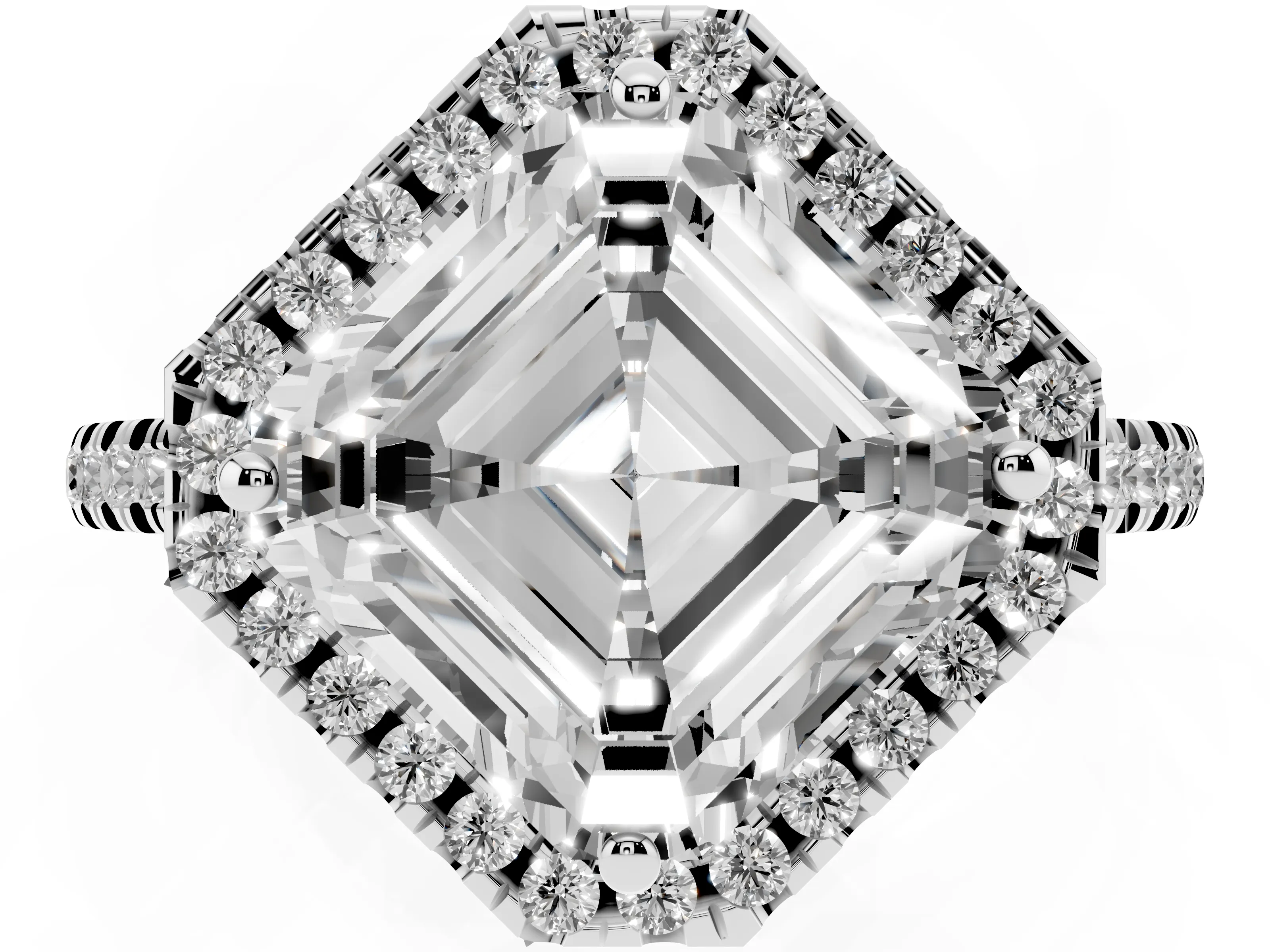 Asscher Cut Diamond Cushion Halo Ring Set in Silver with Pavé Band
