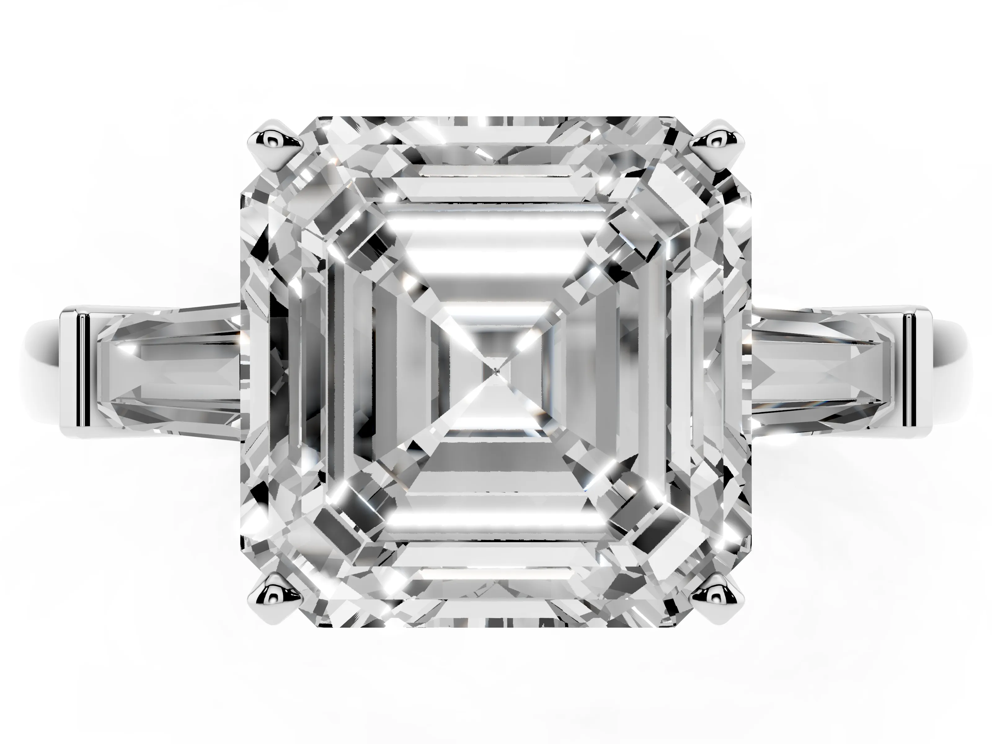 Asscher Cut Diamond Solitaire Ring Set in Platinum with Tapered Baguette Accents and Prong Setting