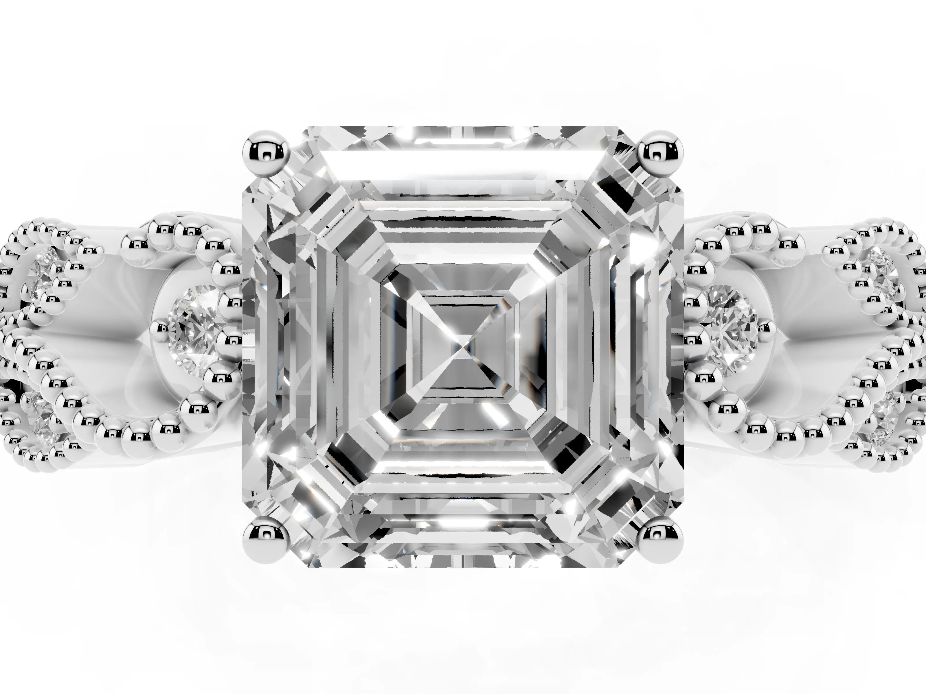 Asscher Cut Diamond Milgrain Leaf Band Solitaire Ring Set in White gold with Accent Stones and Prong Setting