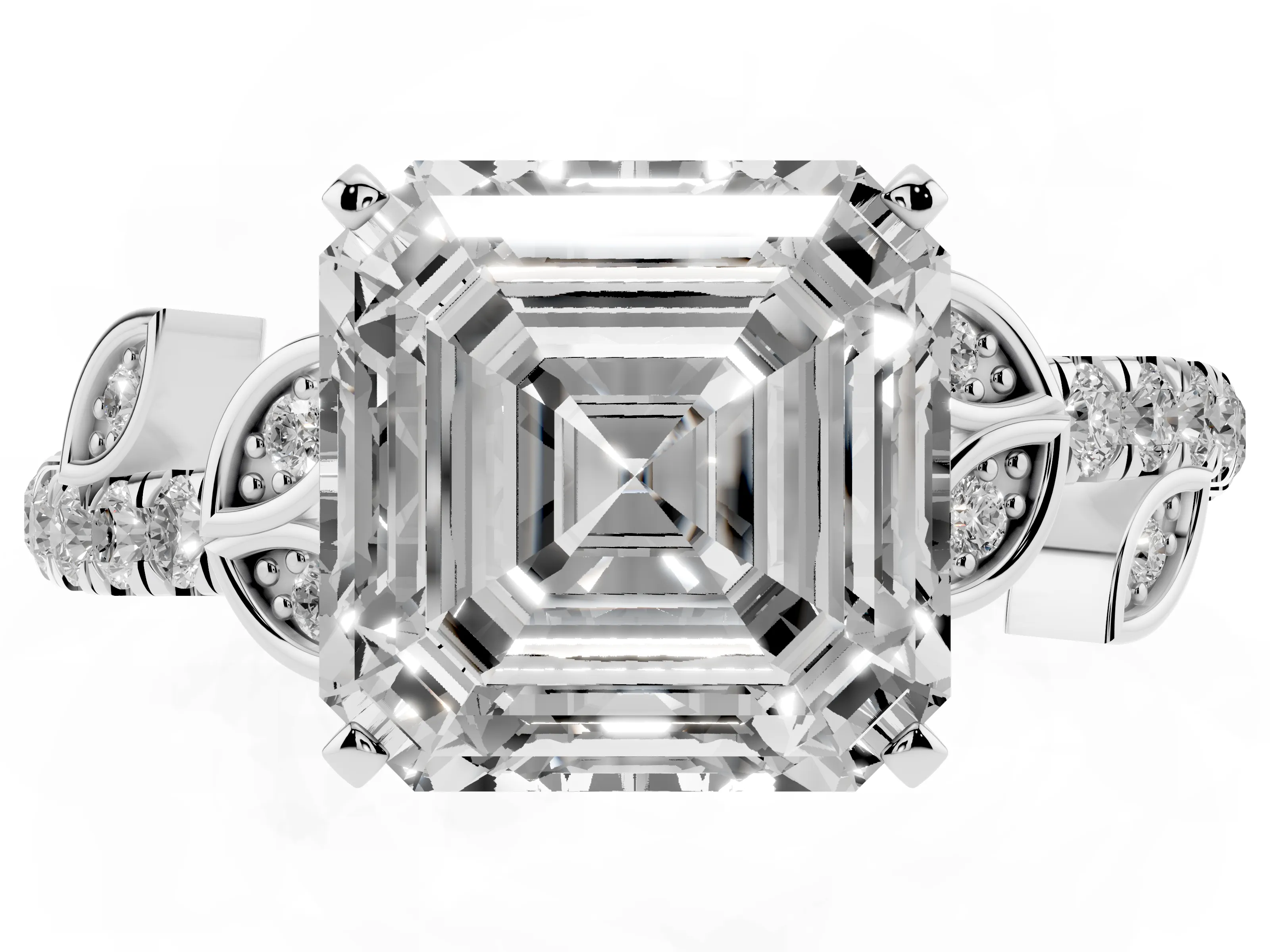 Asscher Cut Diamond Solitaire Leaf-Inspired Ring Set in Platinum with Pavé Band and Prong Setting