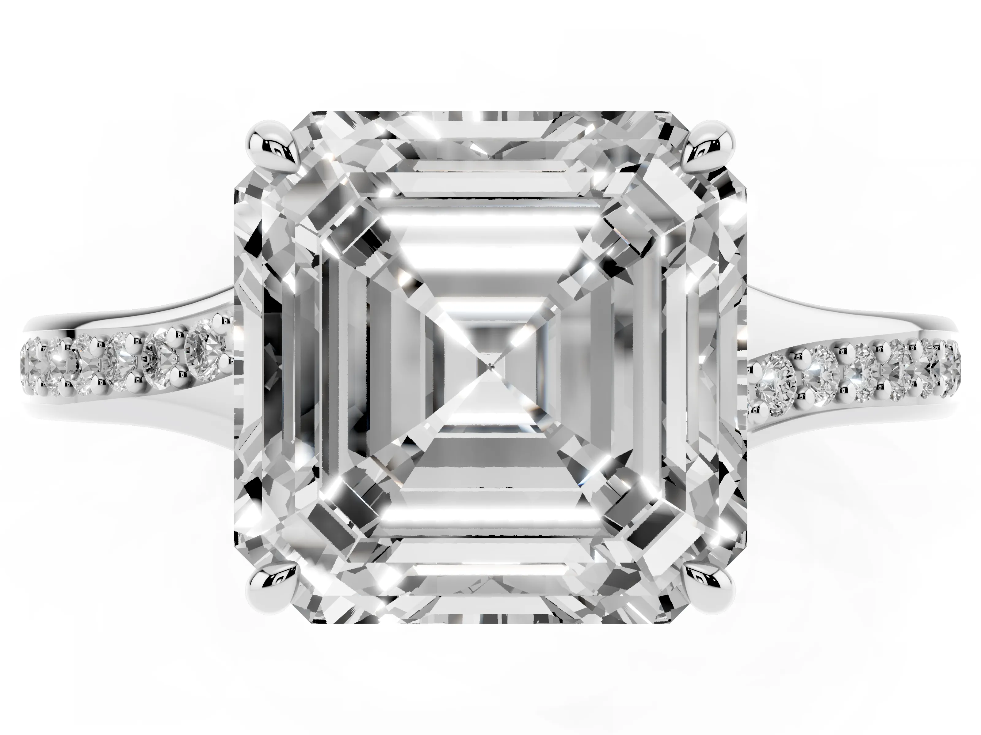 Asscher Cut Diamond Solitaire Ring Set in Silver with Pavé Accent Band and Classic Prong Setting