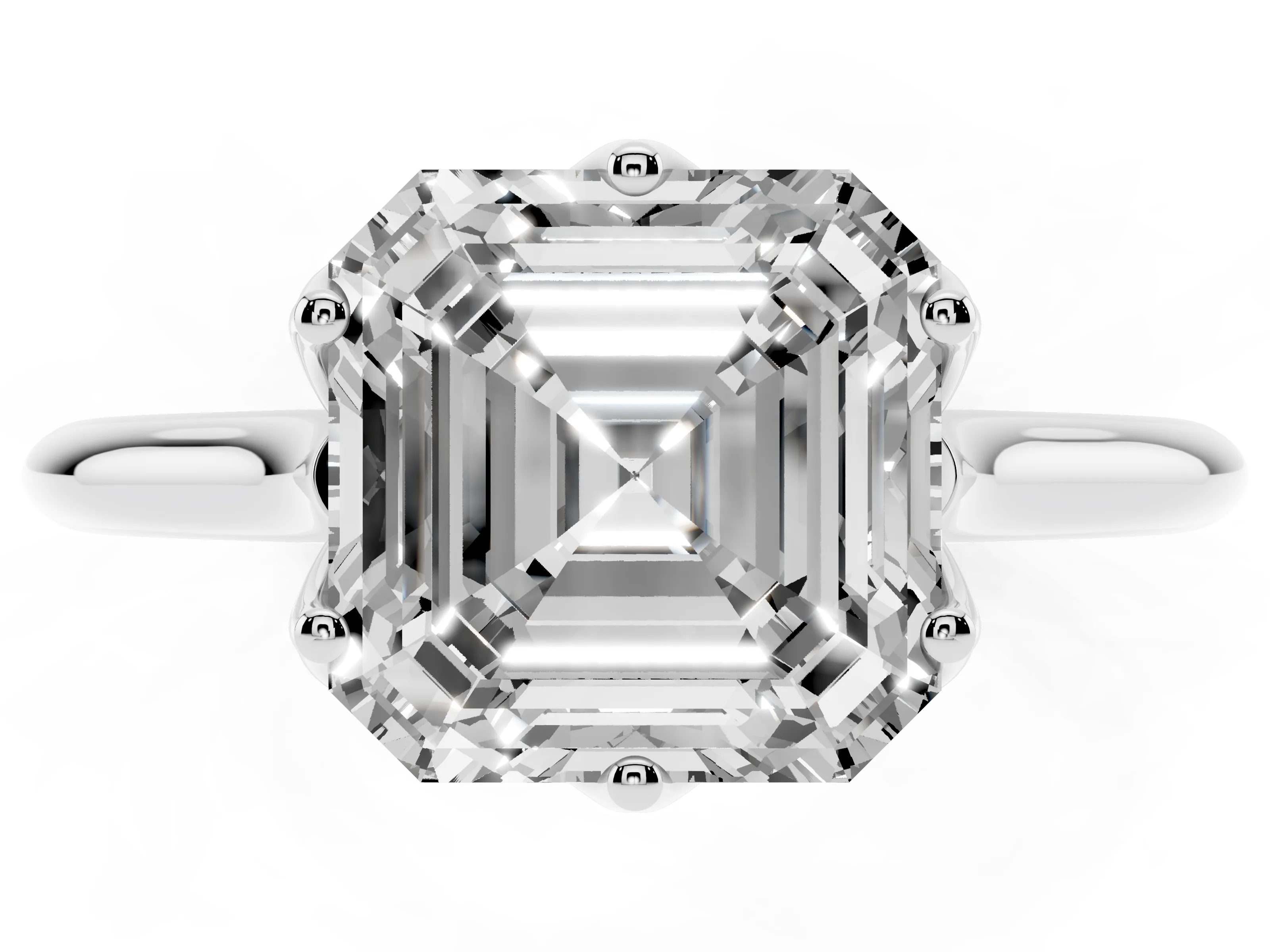 Asscher Cut Diamond Solitaire Cathedral Ring Set in Platinum with Prong Setting