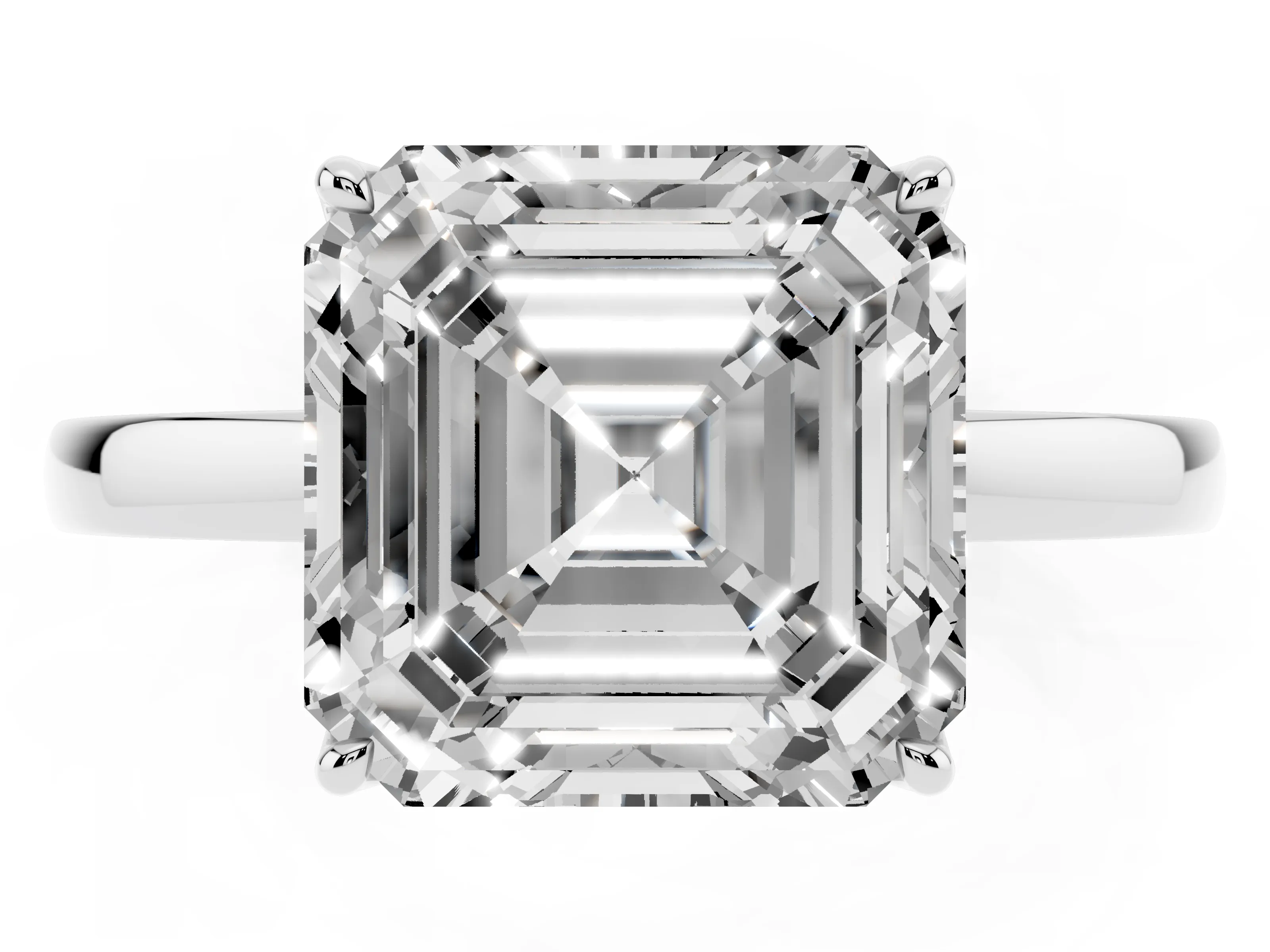 Asscher Cut Diamond Solitaire Ring Set in Silver with Prong Setting and Thin Polished Band