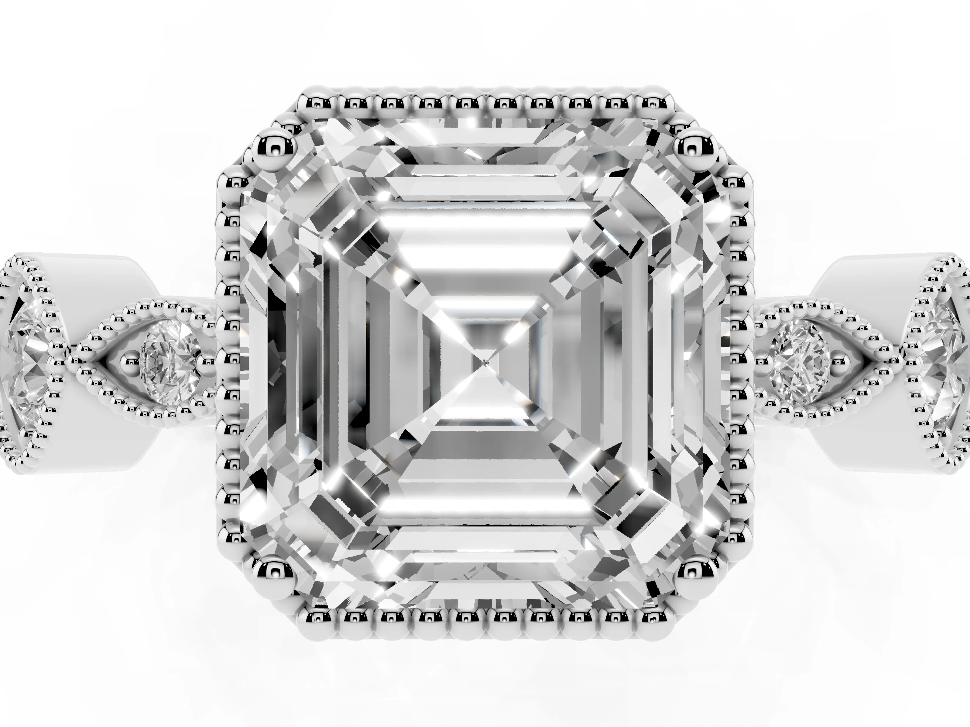 Asscher Cut Diamond Vintage-Inspired Milgrain Ring Set in White gold with Marquise Stations of Round Accents