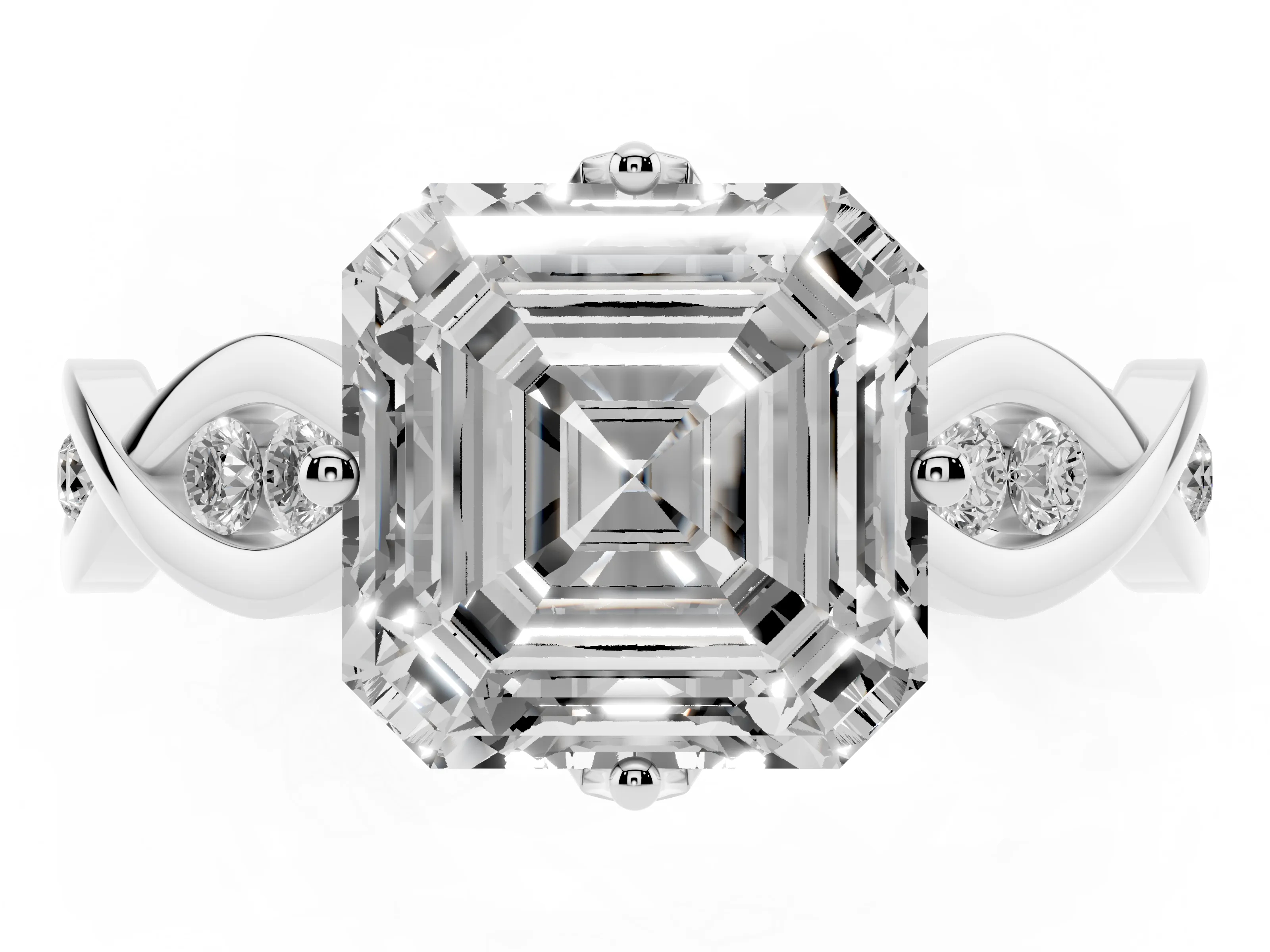 Asscher Cut Diamond Twist Band Solitaire Ring Set in White gold with Leaf Prong Setting and Accent Stones