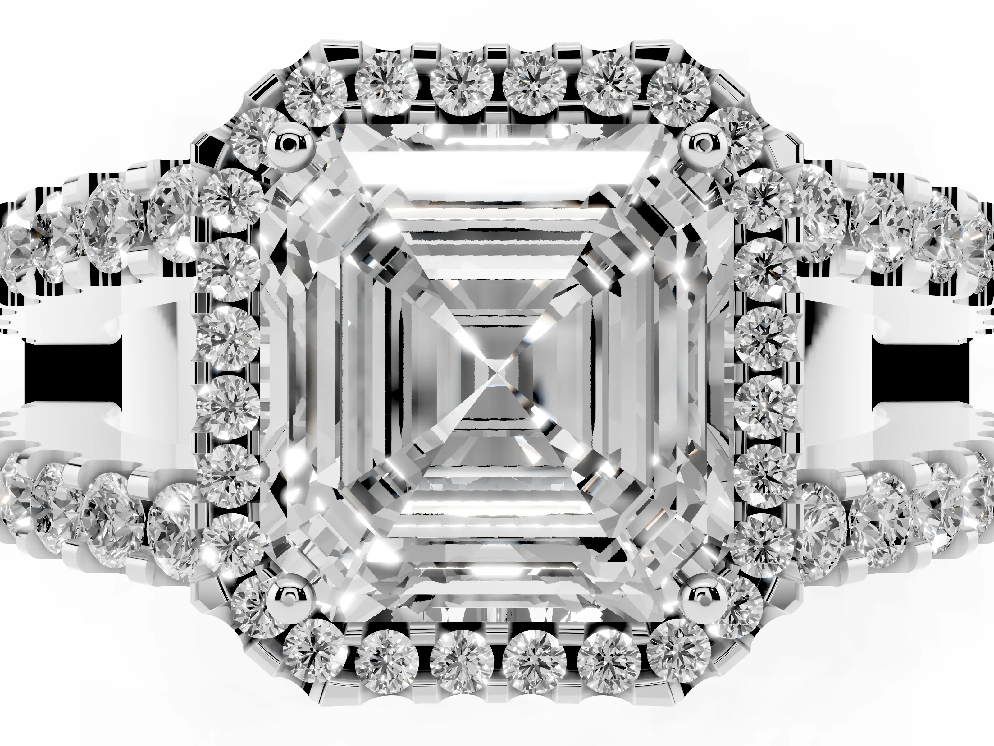 Asscher Cut Diamond Halo Ring Set in Platinum with Pavé Split Shank and Prong Setting