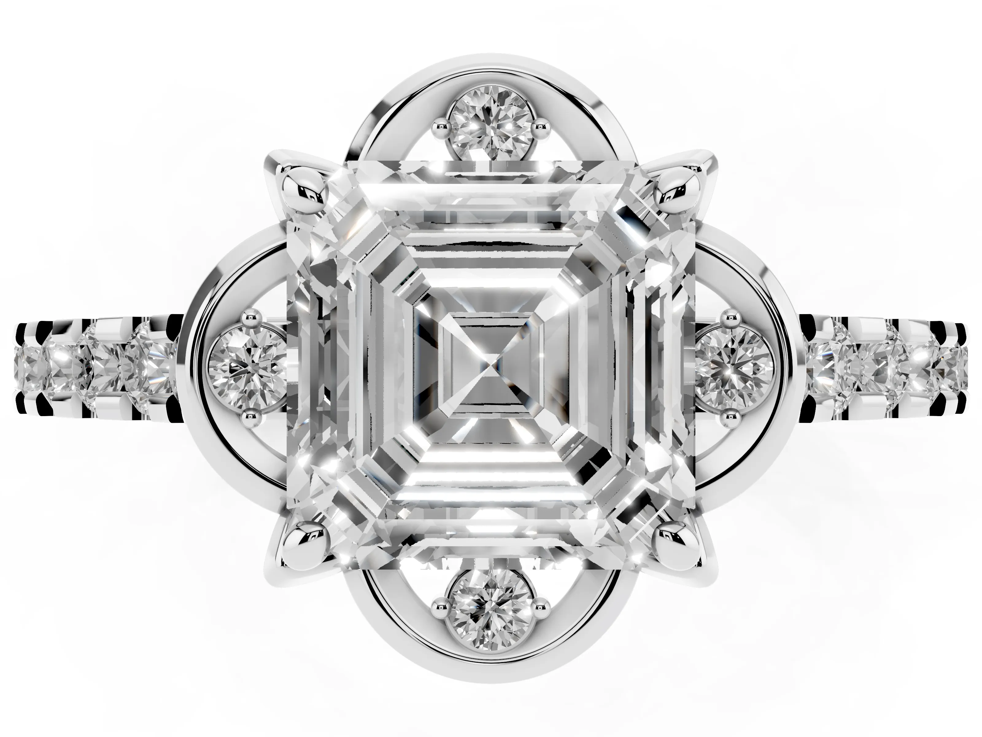 Asscher Cut Diamond Solitaire Ring Set in Silver with Pavé Band and Floral Prong Setting