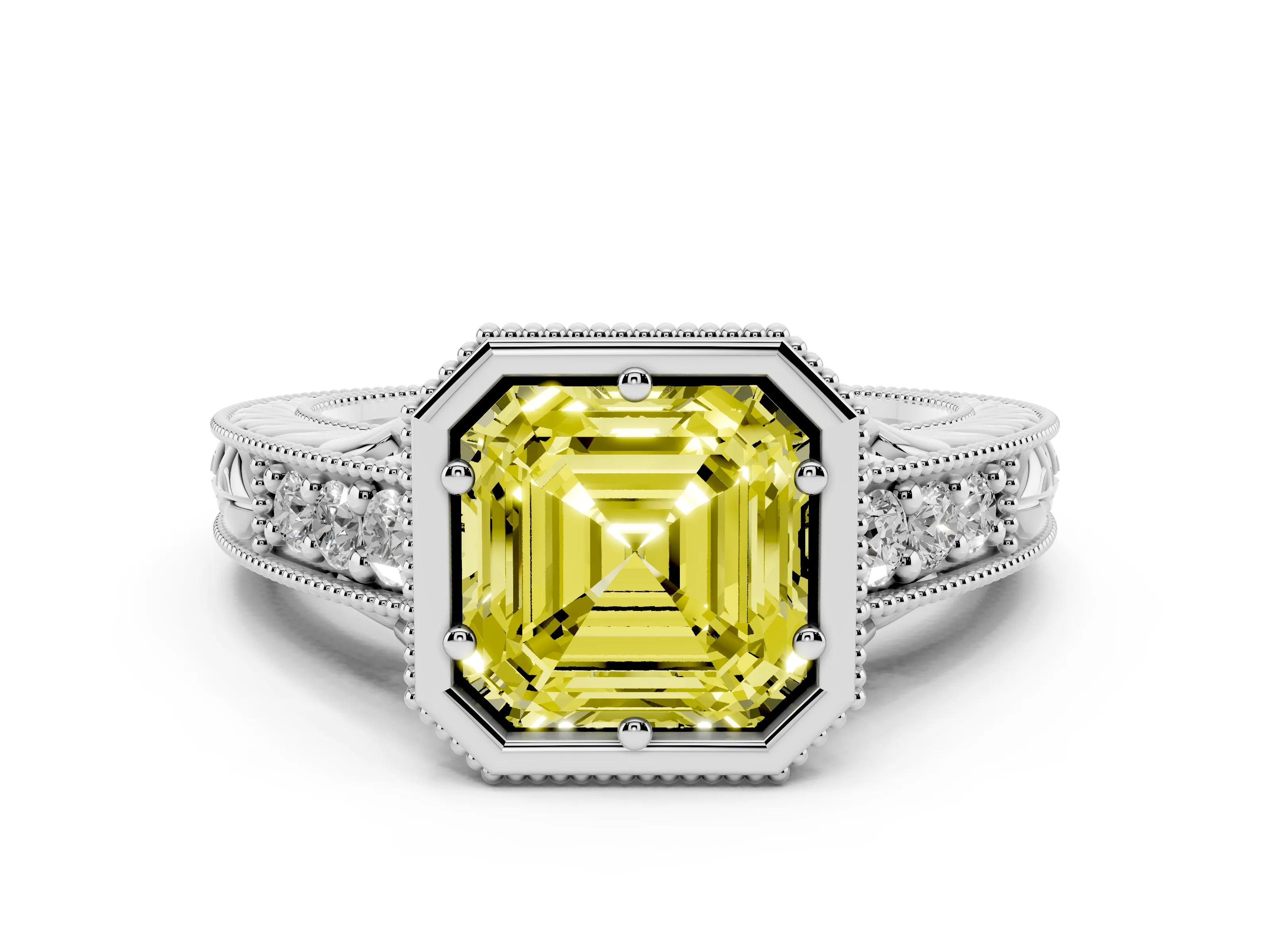 Fancy Yellow Bezel Set Asscher Cut Diamond Milgrain Pavé Engagement Ring Set in Silver