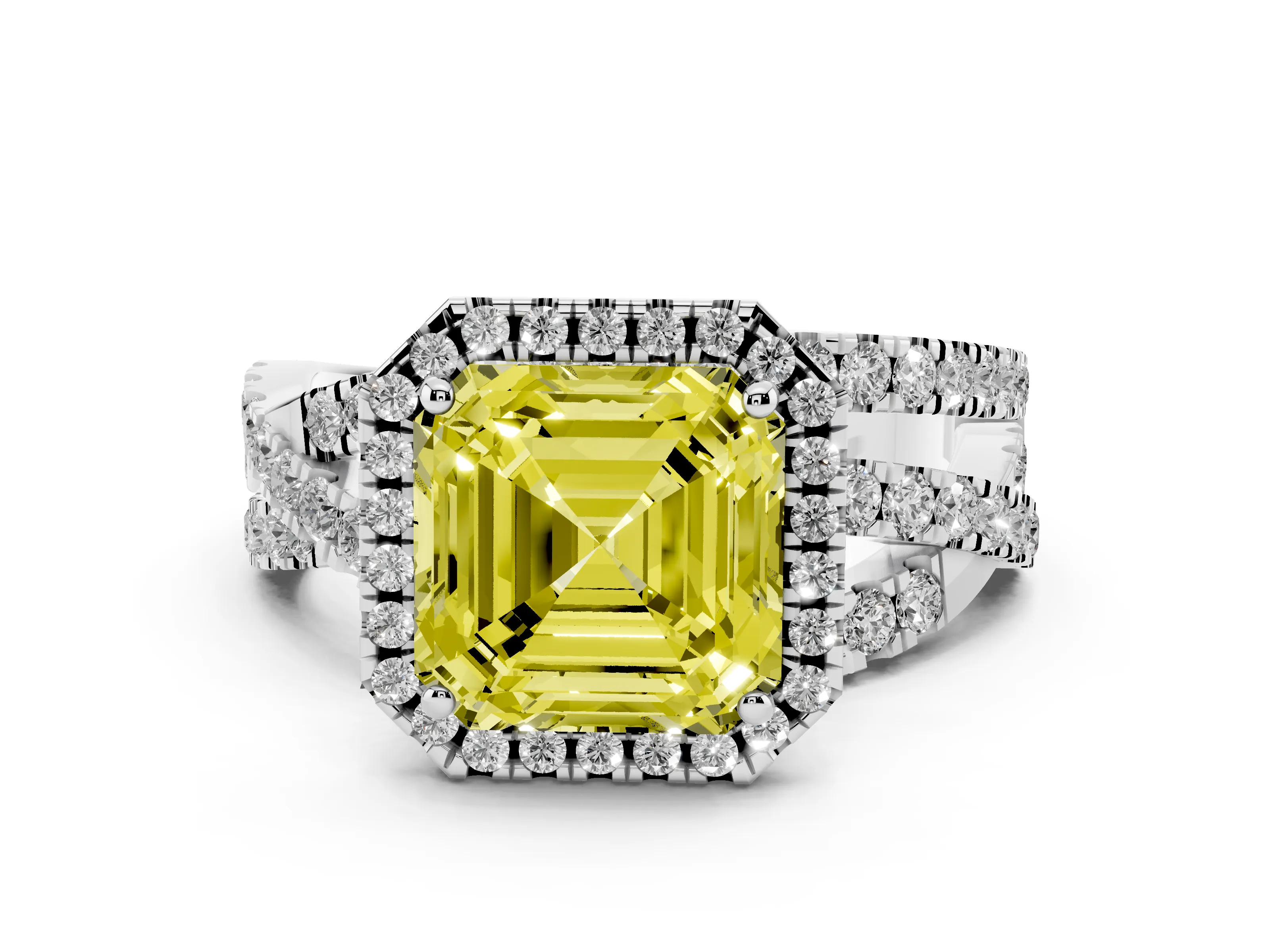 Fancy Yellow Asscher Cut Diamond Halo Ring Set in Platinum with Round Crossover Split Shank and Prong Setting