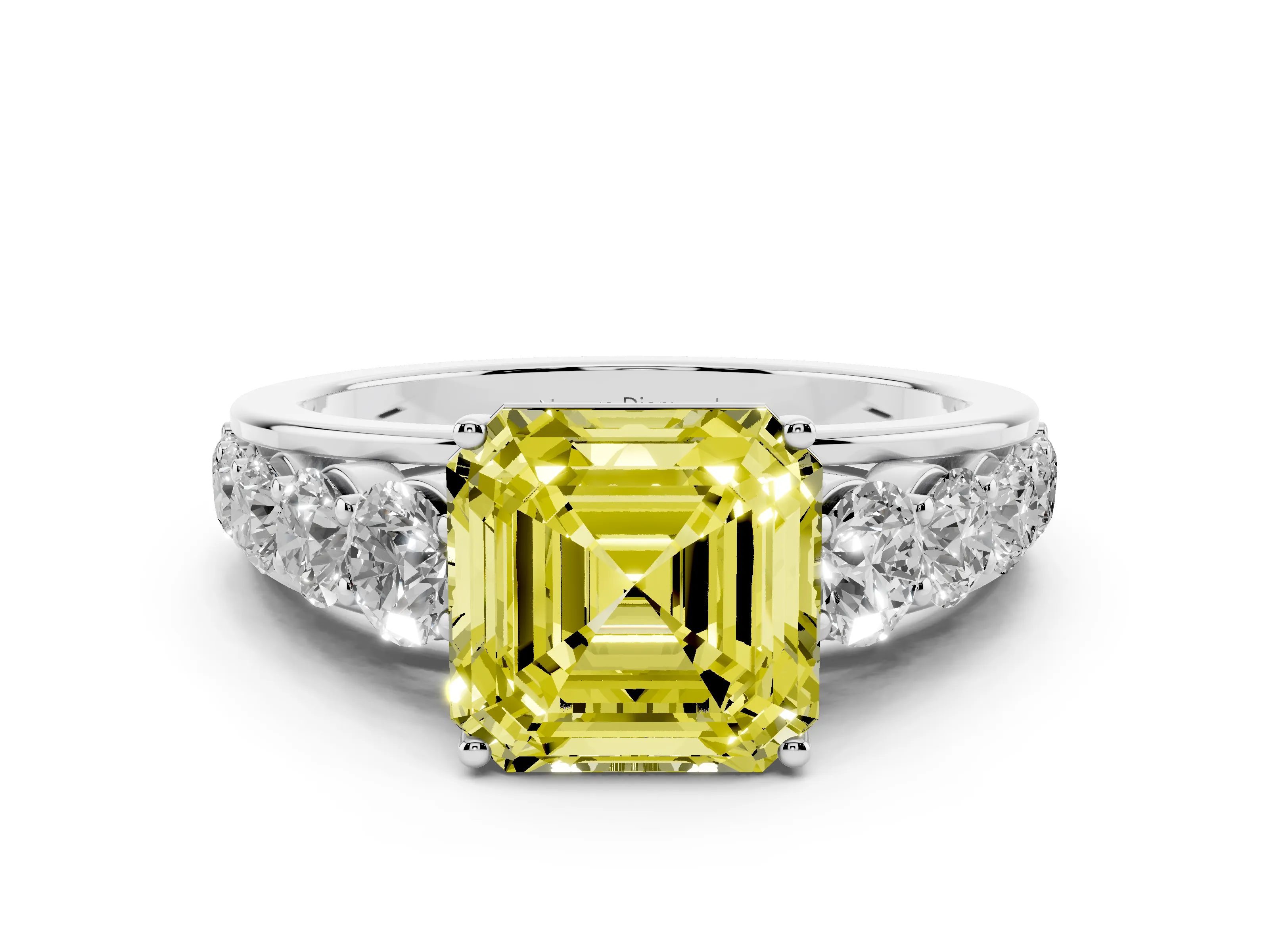 Fancy Yellow Asscher Cut Diamond Solitaire Ring Set in White gold with Pavé-Set Band and Prong Setting