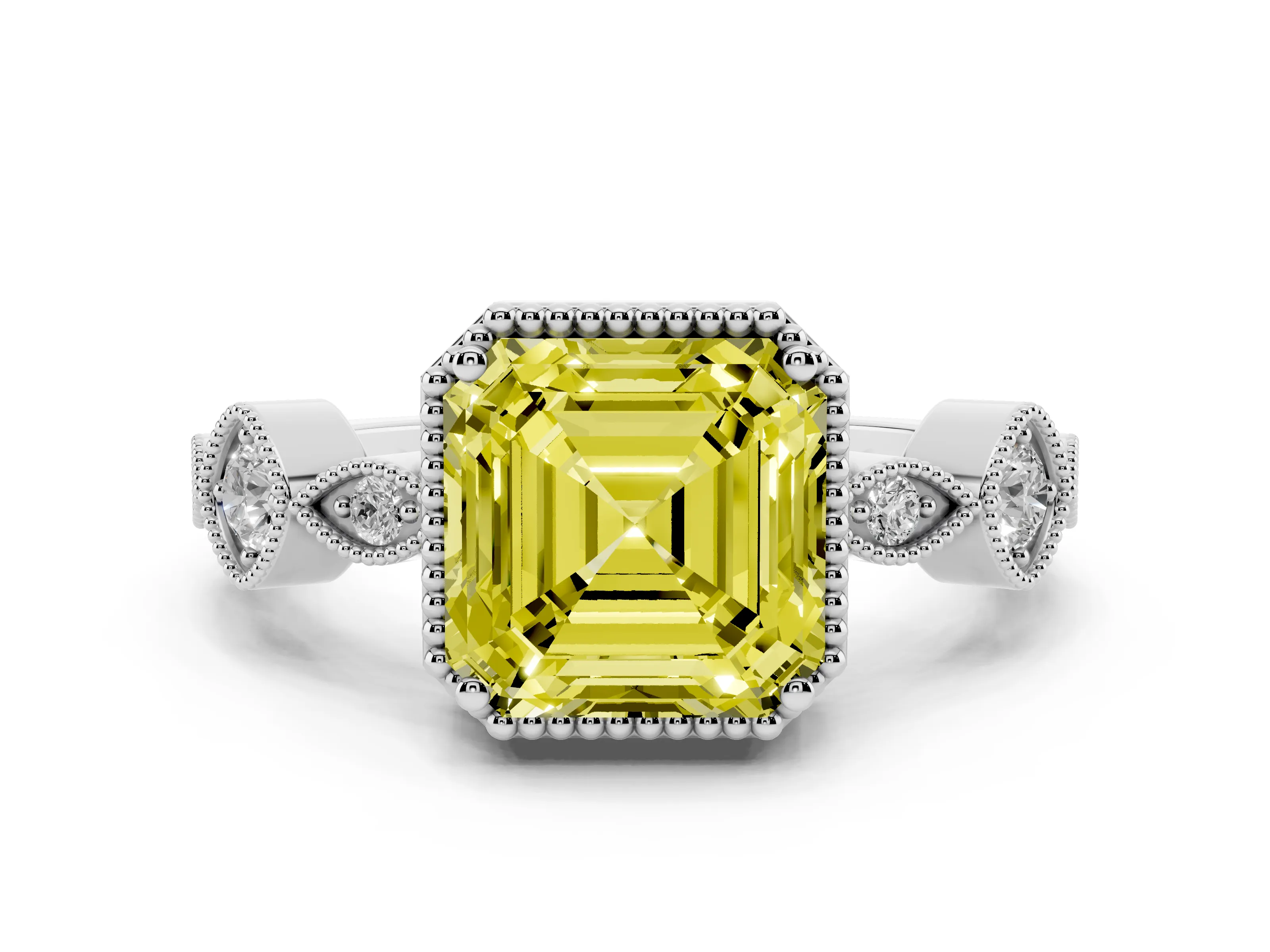 Fancy Yellow Asscher Cut Diamond Vintage-Inspired Milgrain Ring Set in White gold with Marquise Stations of Round Accents