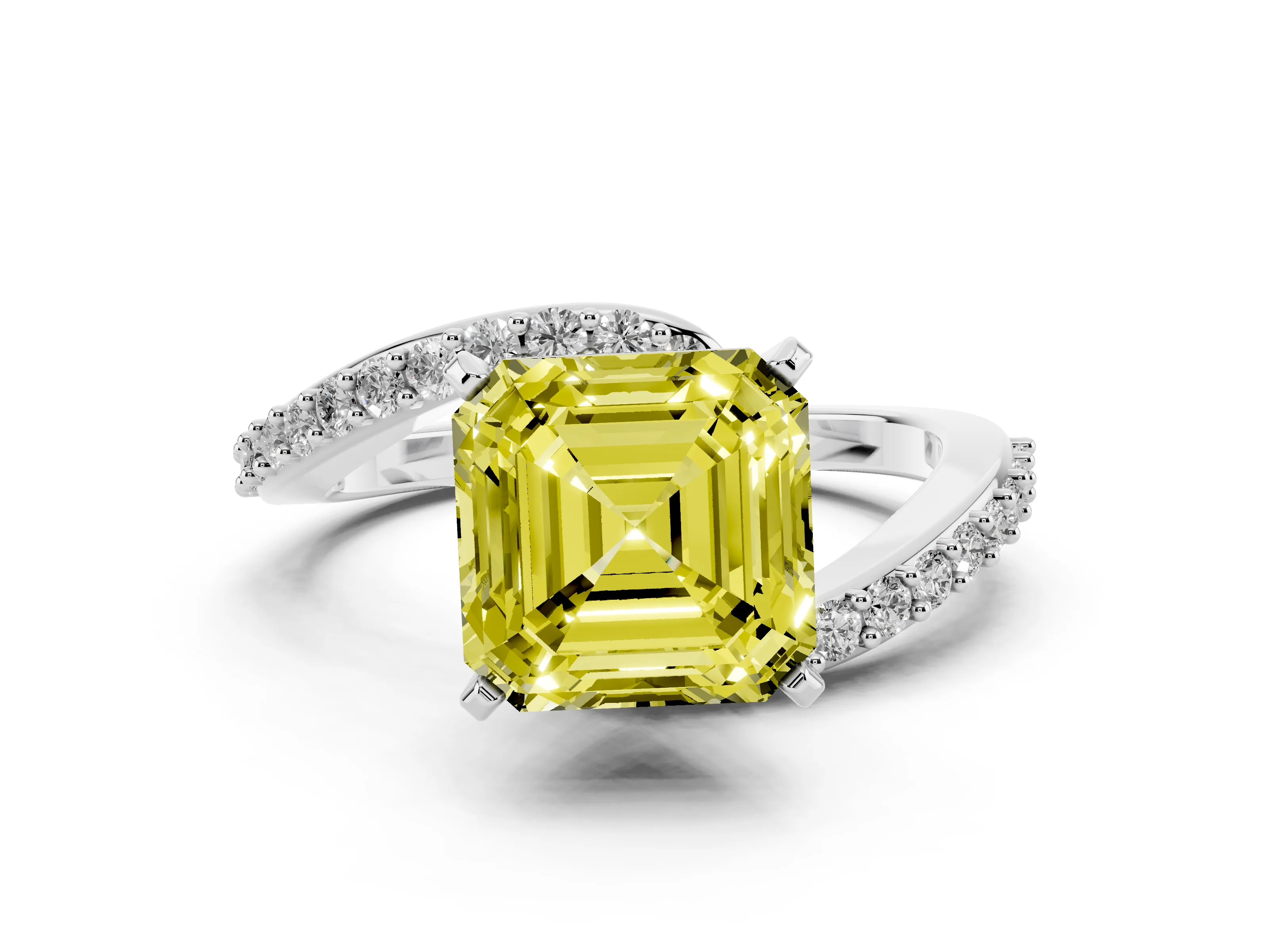 Fancy Yellow Asscher Cut Diamond Solitaire Ring Set in Platinum with Pavé Twist Band and Prong Setting