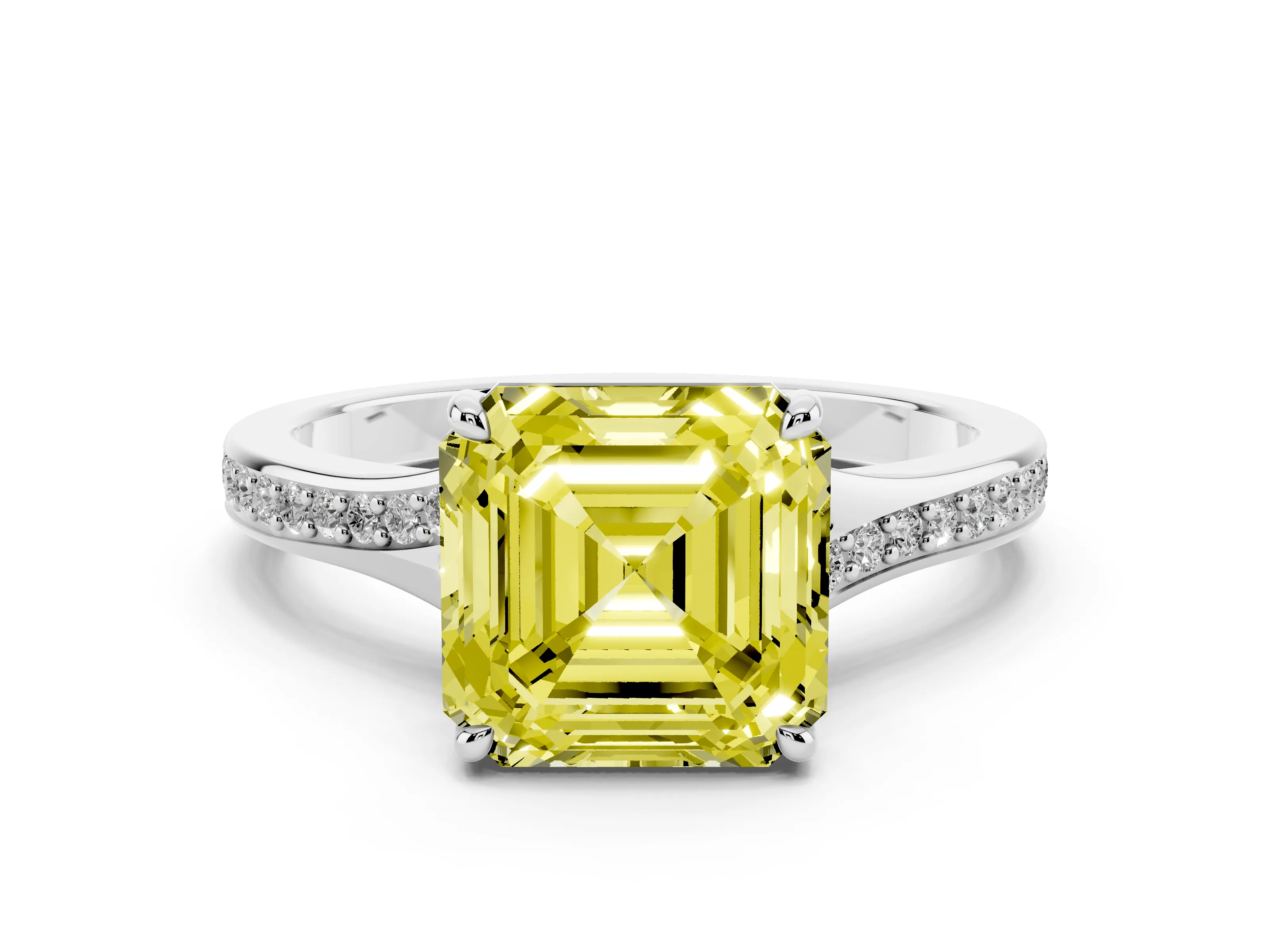 Fancy Yellow Asscher Cut Diamond Solitaire Ring Set in Platinum with Pavé Accent Band and Classic Prong Setting