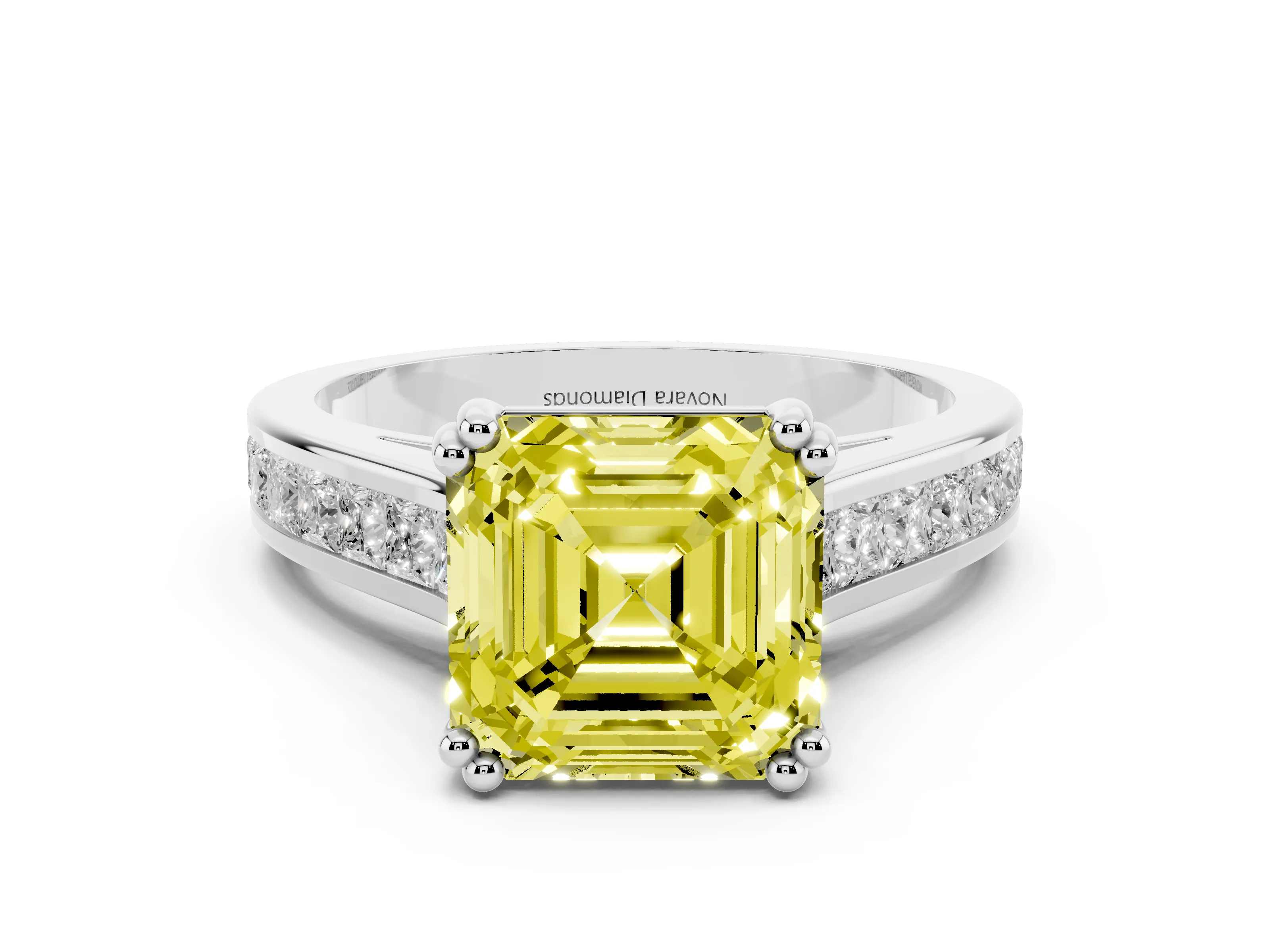 Fancy Yellow Asscher Cut Diamond Channel Set Solitaire Engagement Ring Set in Platinum with Prong Setting