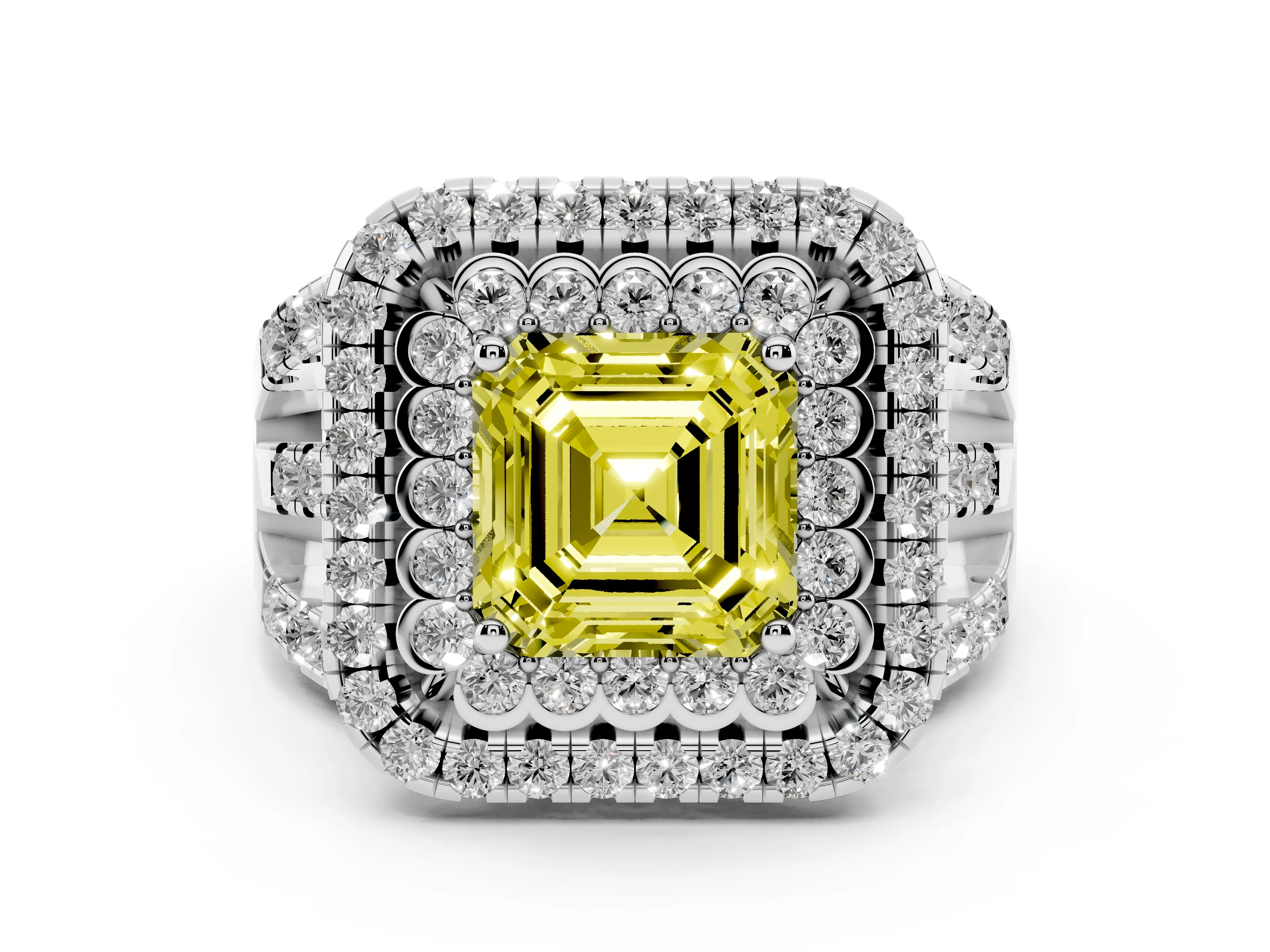 Fancy Yellow Asscher Cut Diamond Double Halo Ring Set in White gold with Round Pavé Split Shank