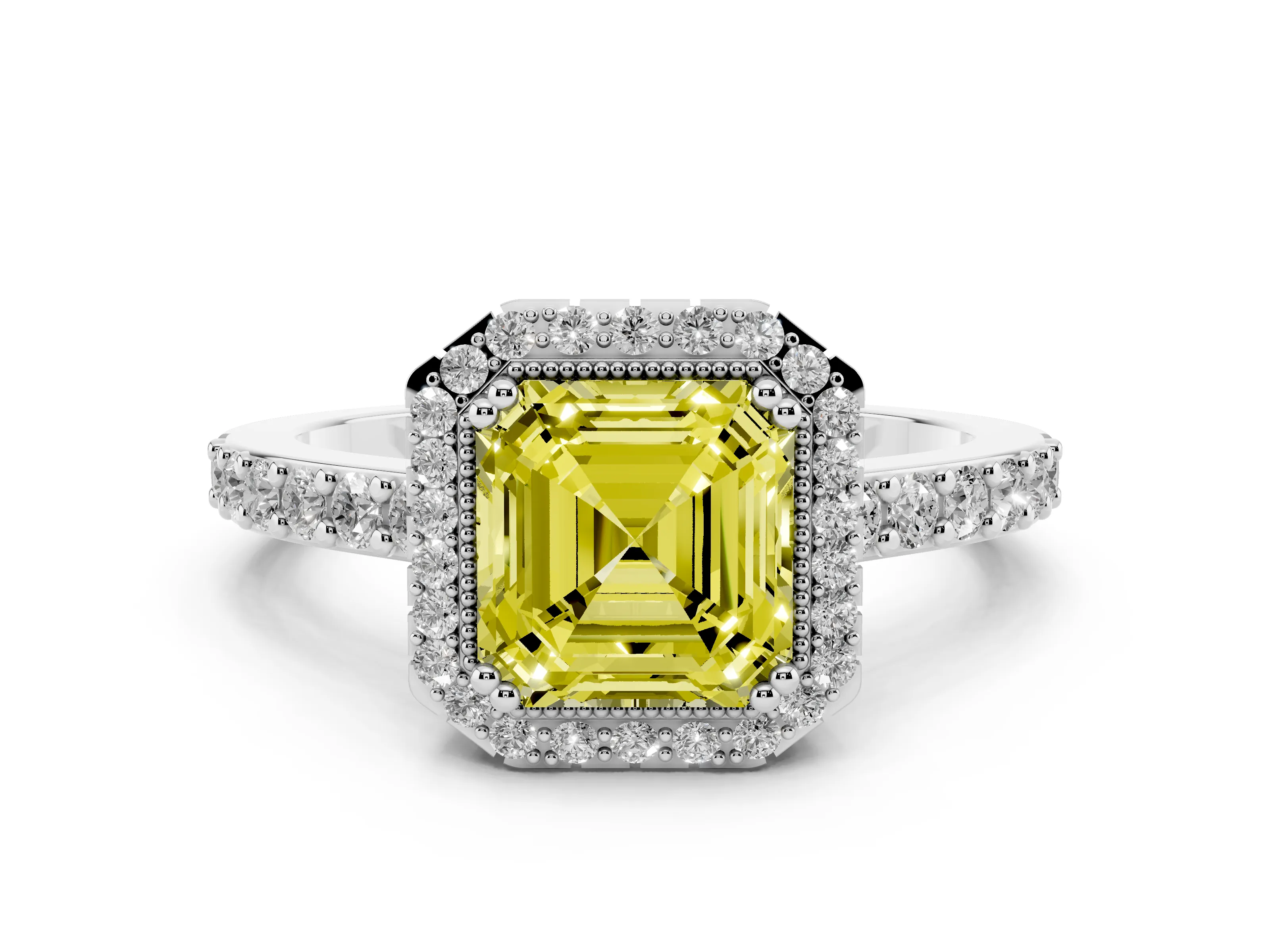 Fancy Yellow Asscher Cut Diamond Halo Engagement Ring Set in Platinum with Milgrain Detail and Pavé Band