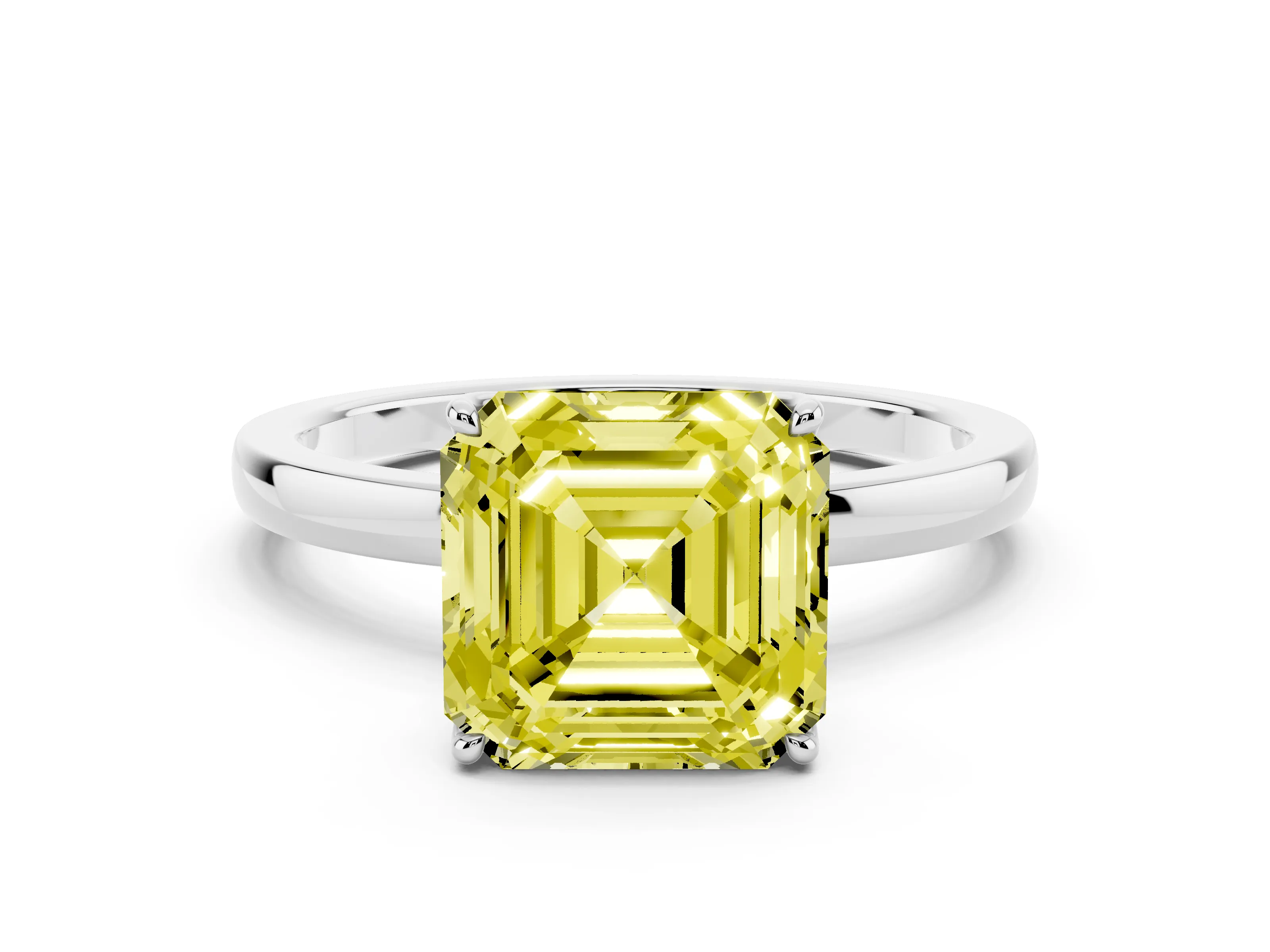 Fancy Yellow Asscher Cut Diamond Solitaire Ring Set in Platinum with Prong Setting and Thin Polished Band