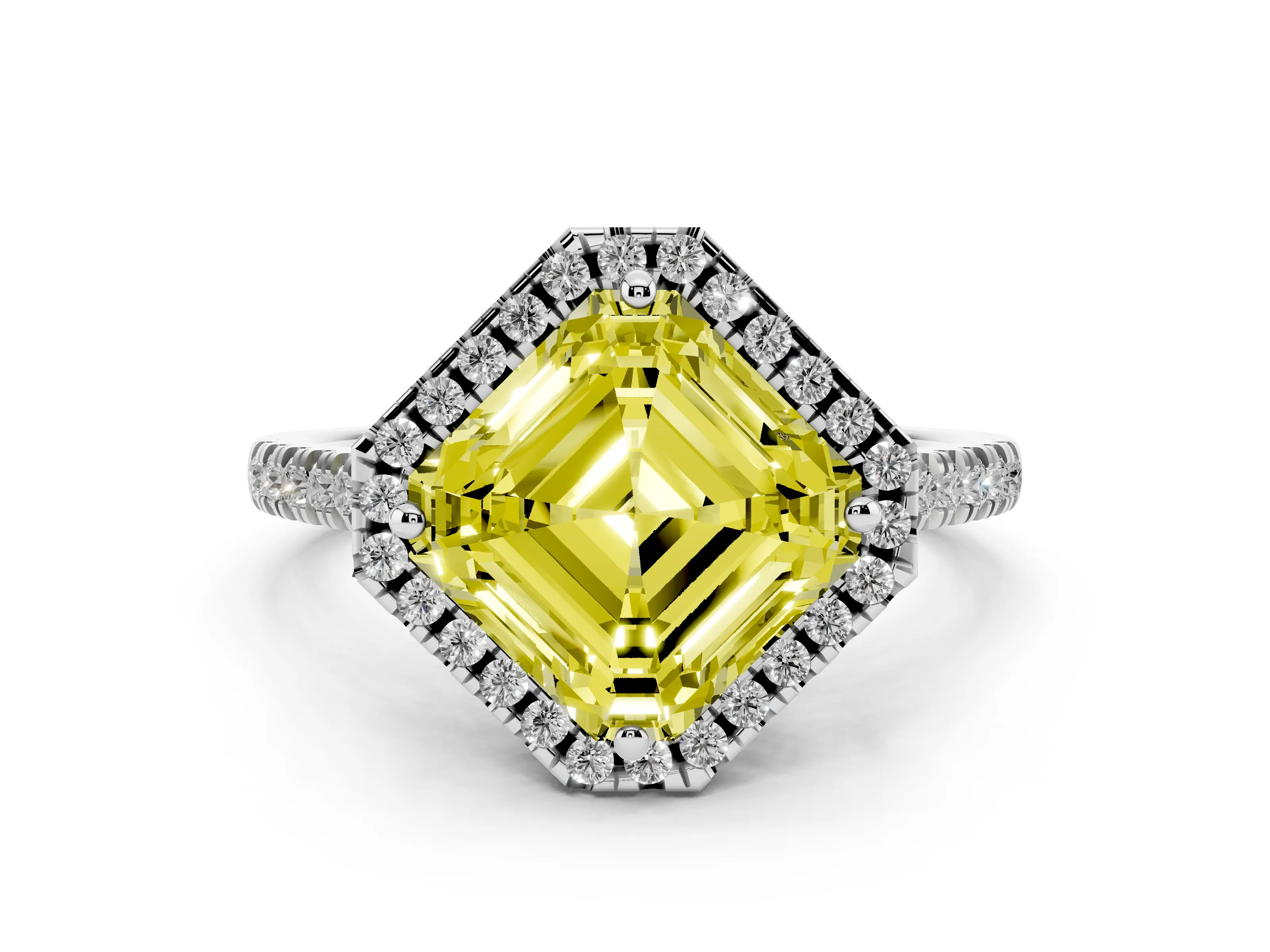 Fancy Yellow Asscher Cut Diamond Cushion Halo Ring Set in White gold with Pavé Band