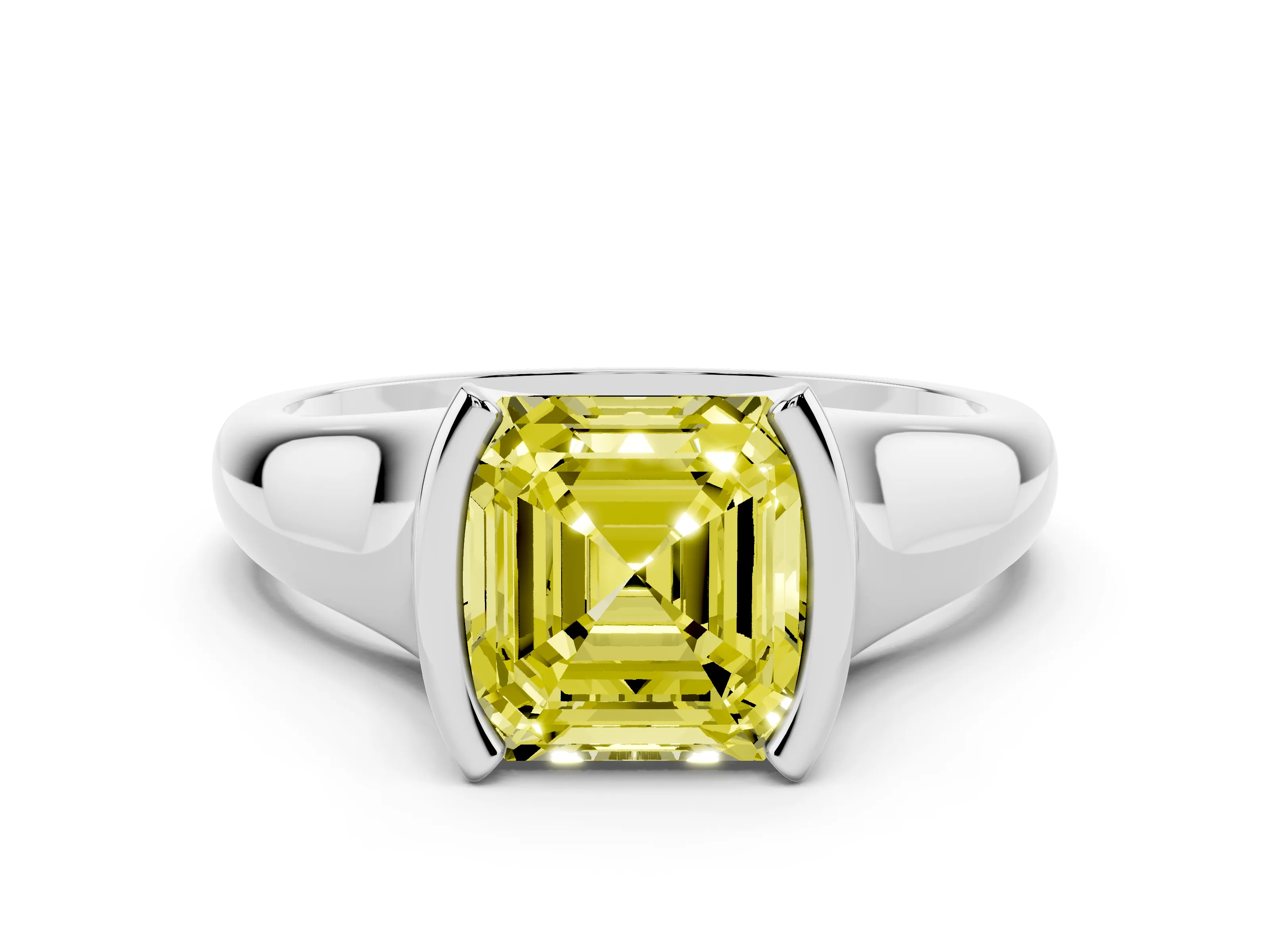 Fancy Yellow Asscher Cut Diamond Solitaire Tension Set Ring Set in White gold with Split Shank Band