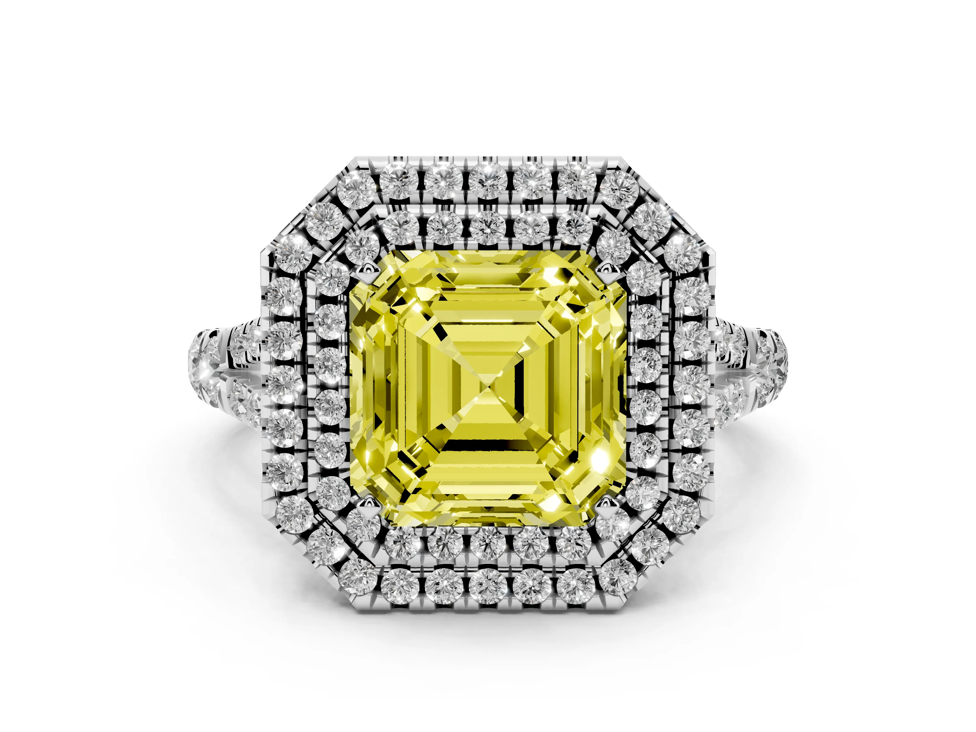 Fancy Yellow Asscher Cut Diamond Pavé Split Shank Double Halo Engagement Ring Set in Platinum