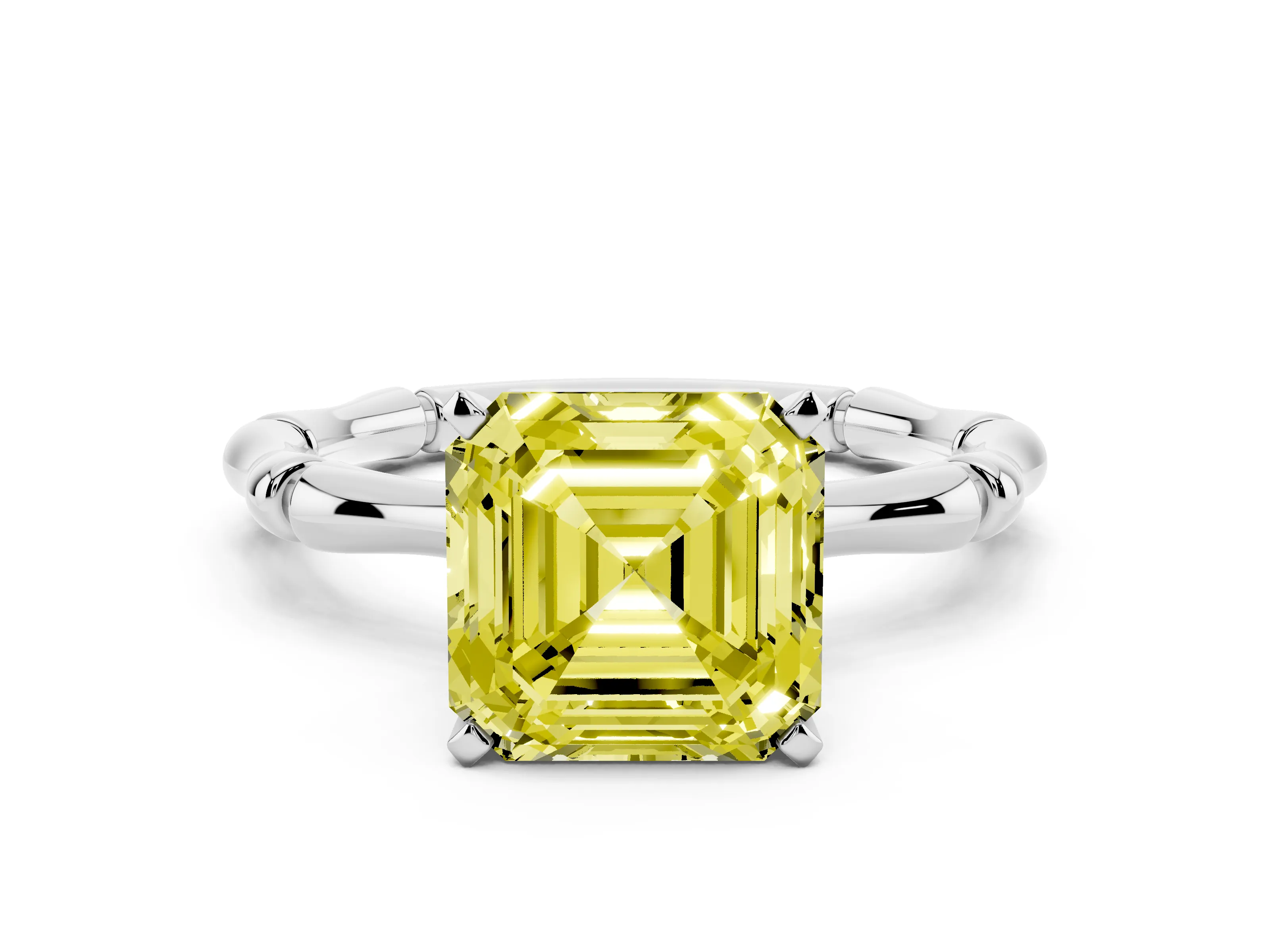 Fancy Yellow Asscher Cut Diamond Solitaire Ring Set in Platinum with Bamboo Band and Prong Setting