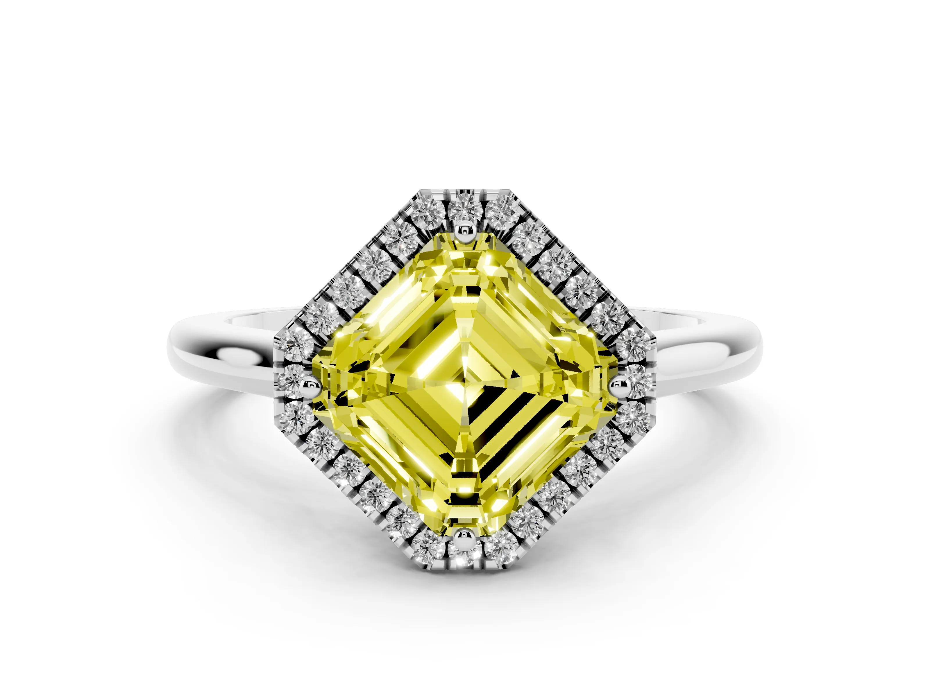 Fancy Yellow Asscher Cut Diamond Halo Engagement Ring Set in White gold with Pavé Band and Rising Shoulders