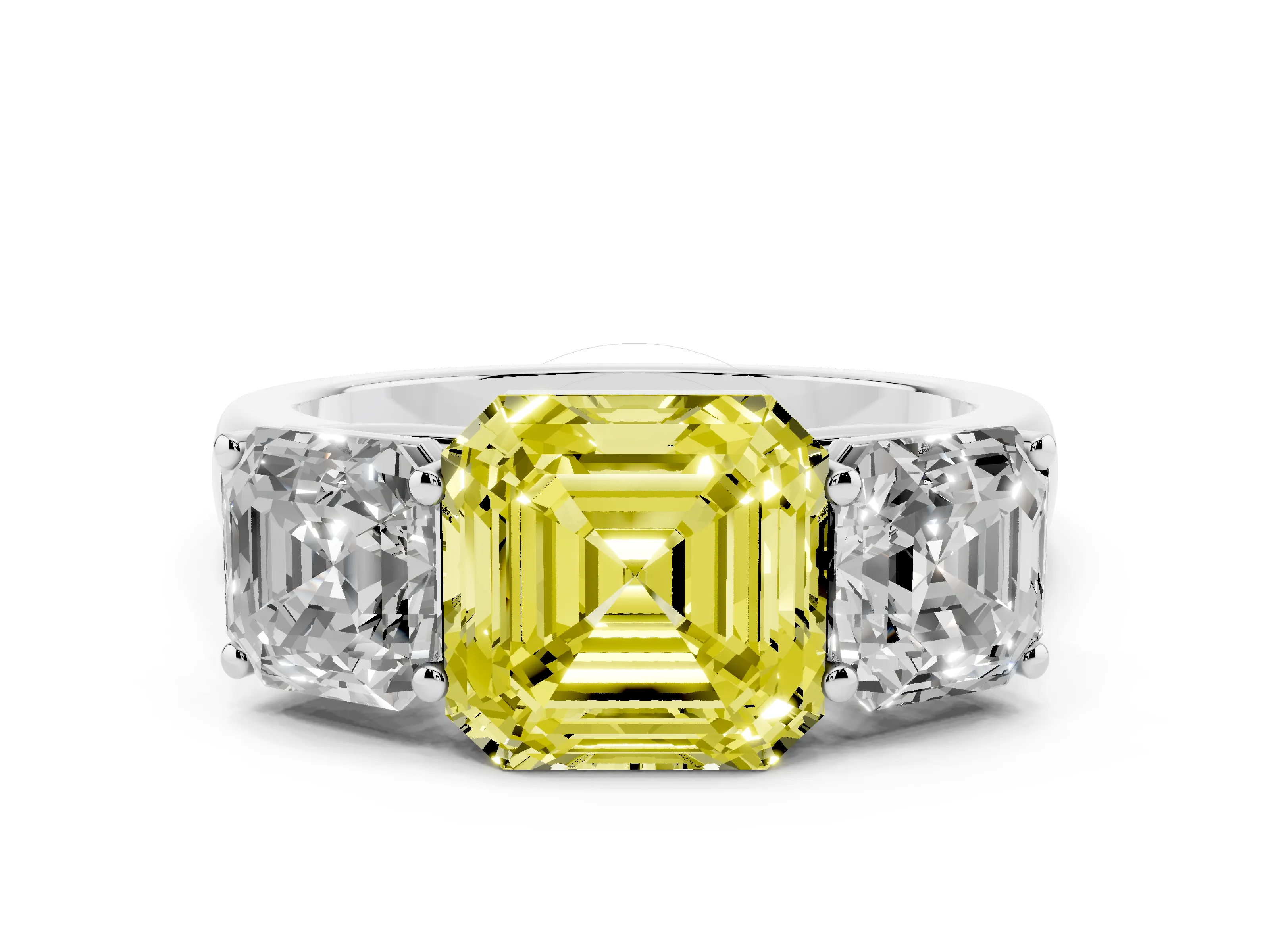 Fancy Yellow Asscher Cut Diamond Three-Stone Ring Set in White gold with Plain Polished Band