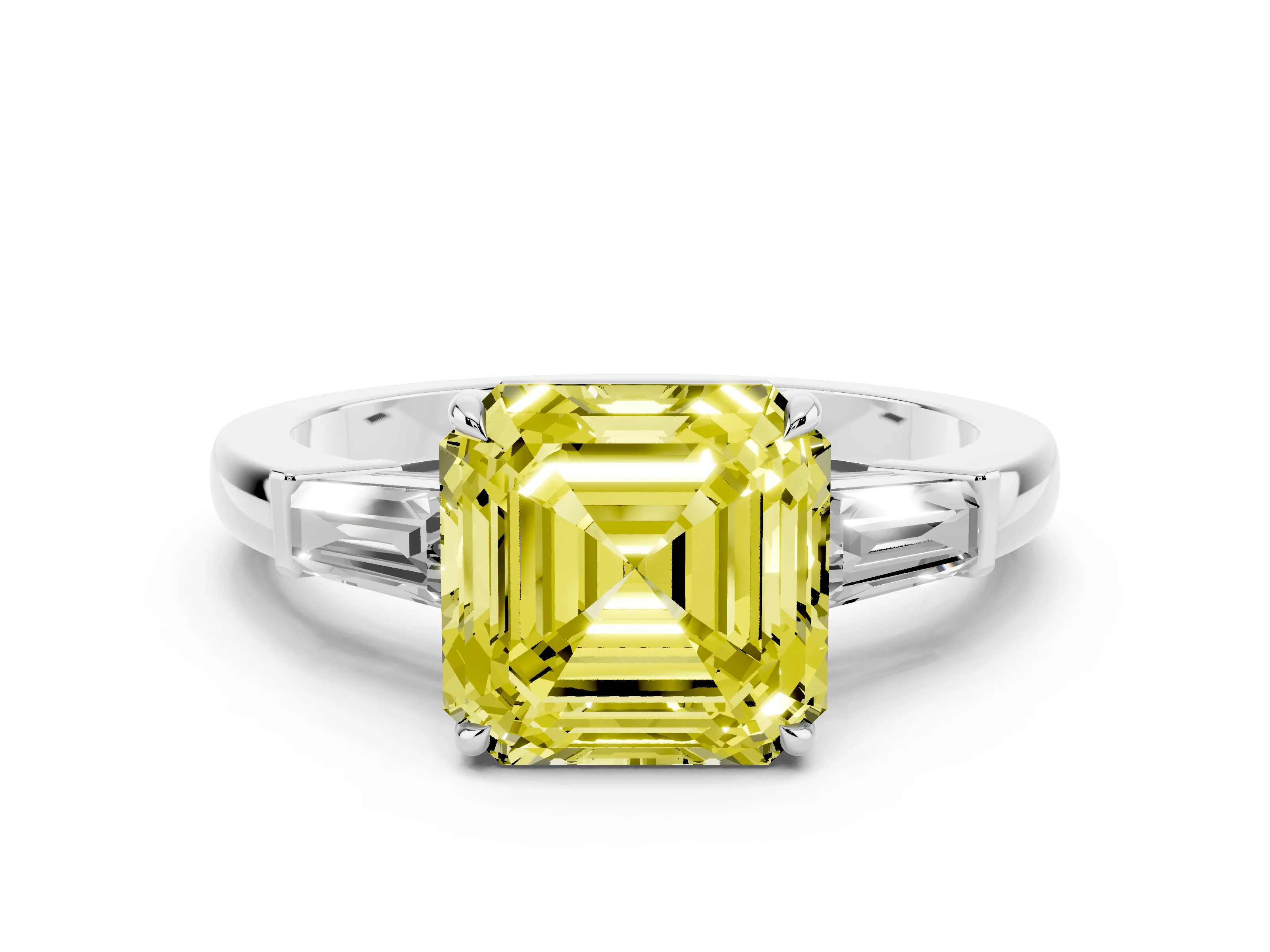 Fancy Yellow Asscher Cut Diamond Three-Stone Ring Set in White gold with Tapered Baguette Side Stones and Prong Setting
