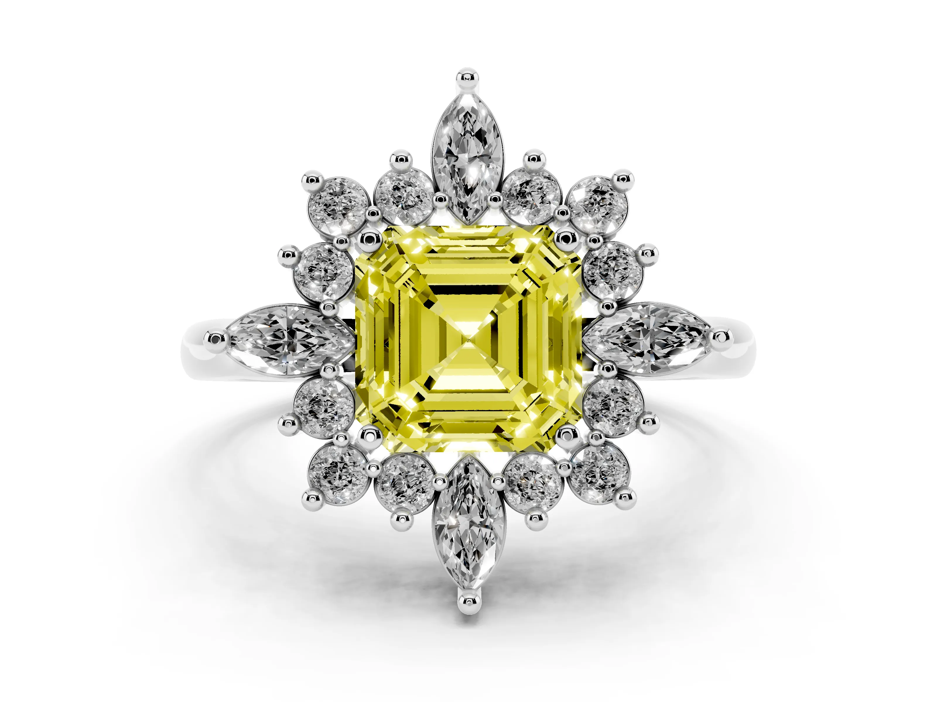 Fancy Yellow Asscher Cut Diamond Cluster Halo Ring Set in White gold with Marquise and Round Accents