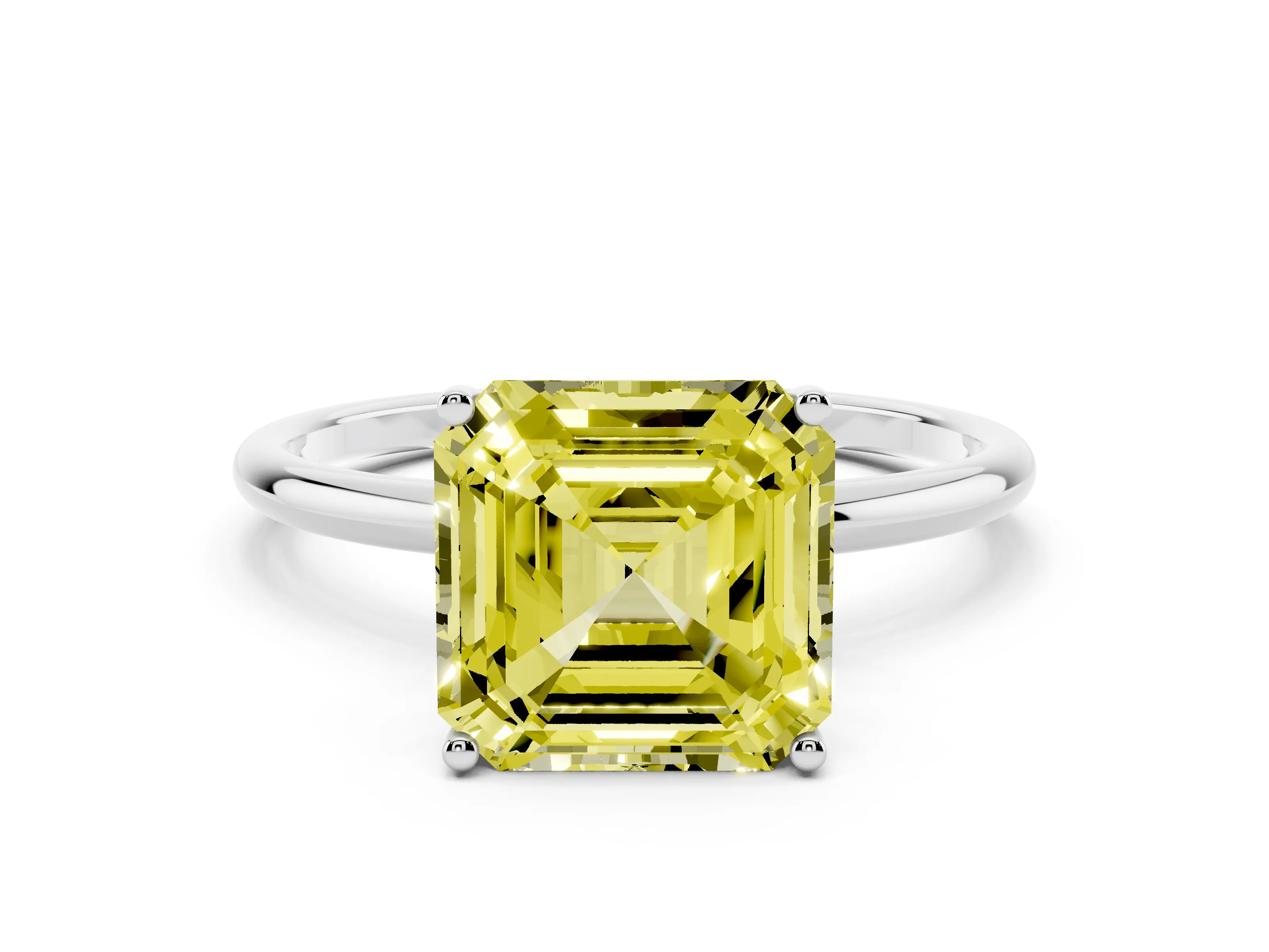 Fancy Yellow Asscher Cut Diamond Solitaire Engagement Ring Set in Platinum with Thin Band and Prong Setting