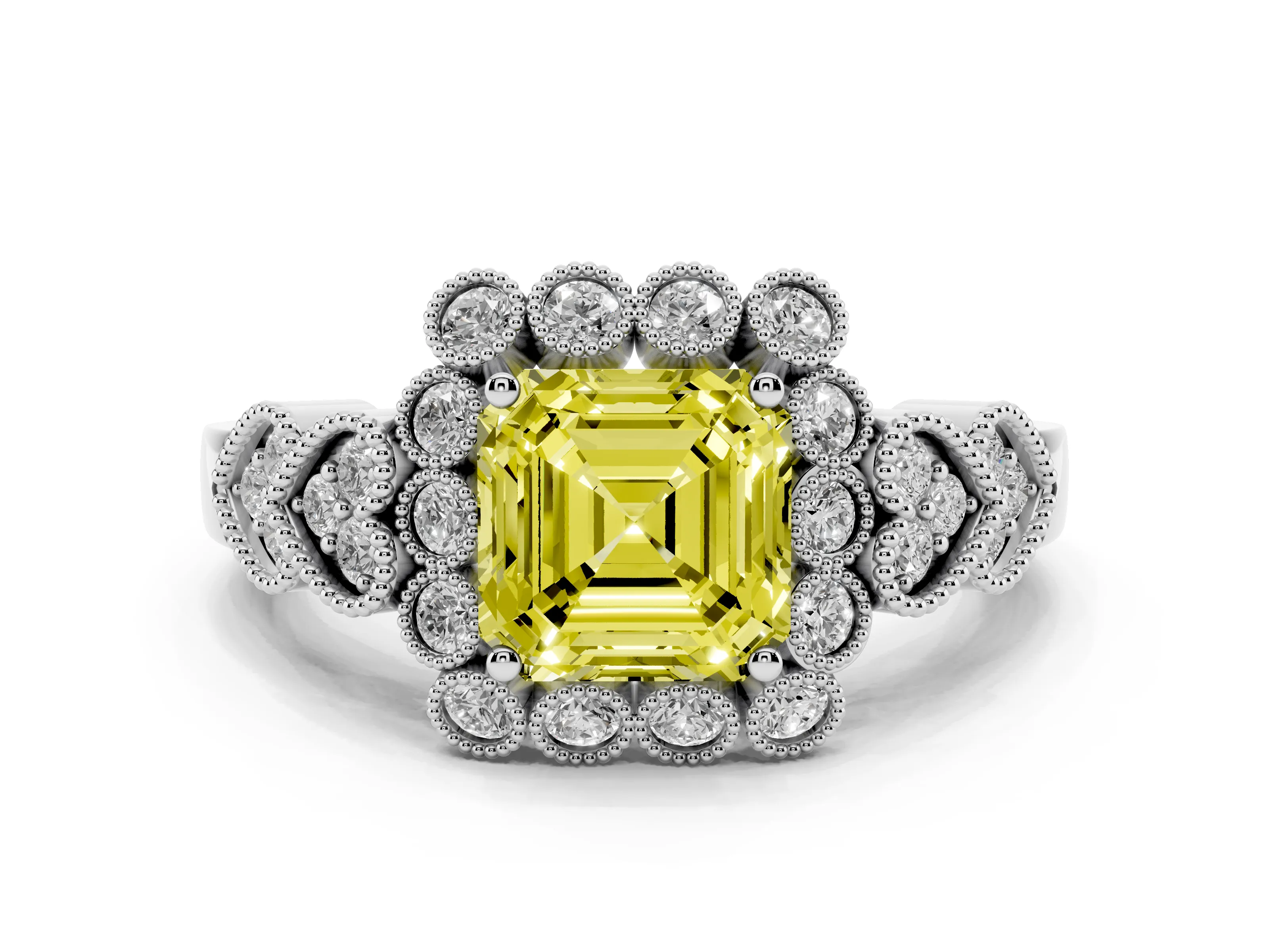 Fancy Yellow Asscher Cut Diamond Solitaire Ring Set in White gold with Milgrain Pavé Heart Band