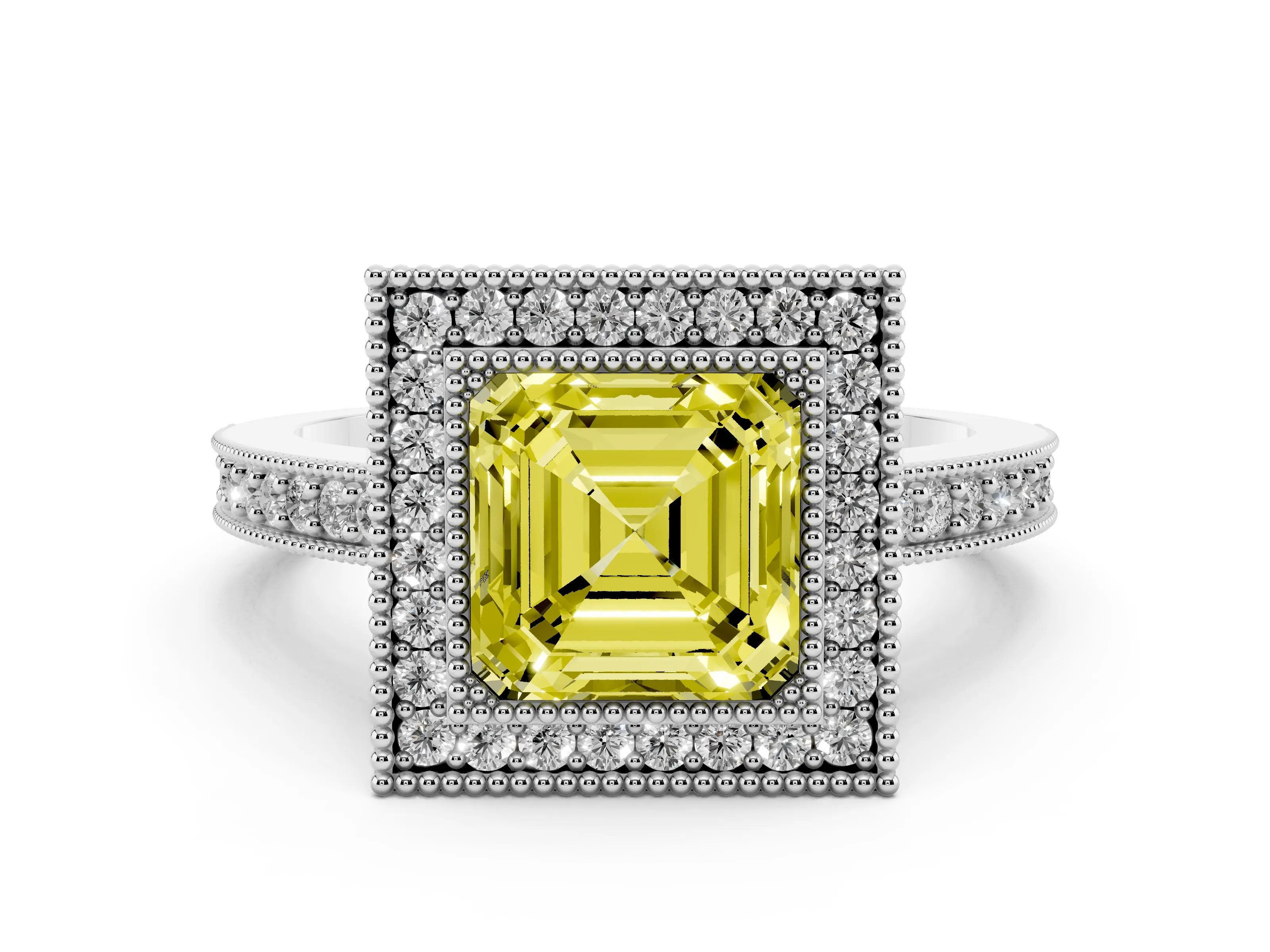 Fancy Yellow Asscher Cut Diamond Halo Engagement Ring Set in White gold with Pavé Band and Round Halo Stones