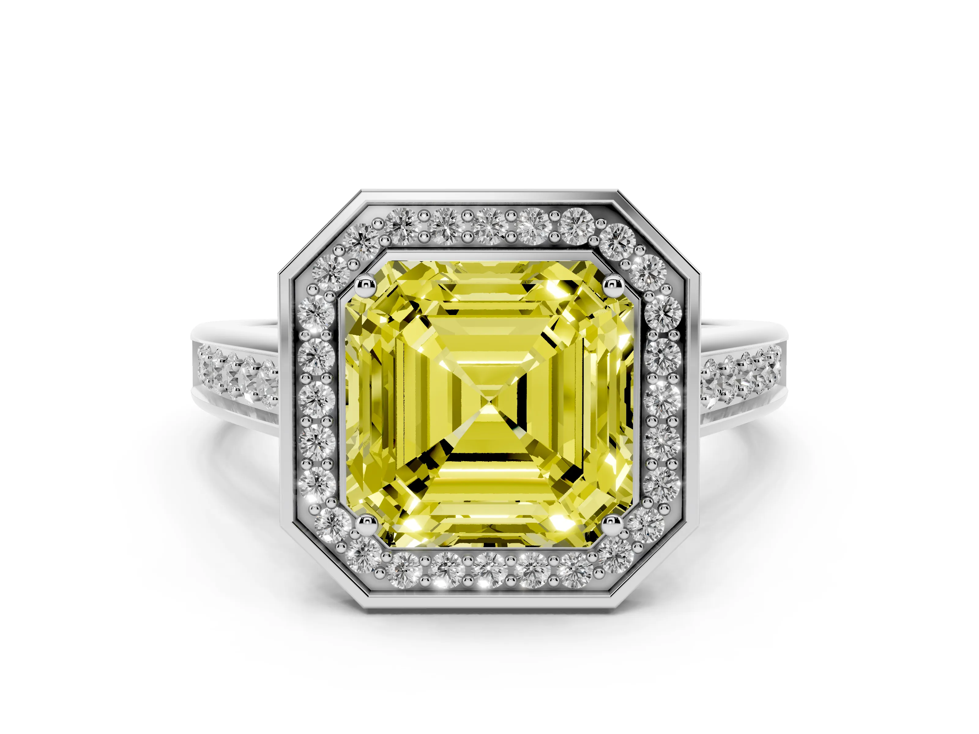 Fancy Yellow Asscher Cut Diamond Halo Solitaire Ring Set in White gold with Pavé Band and Bezel Setting