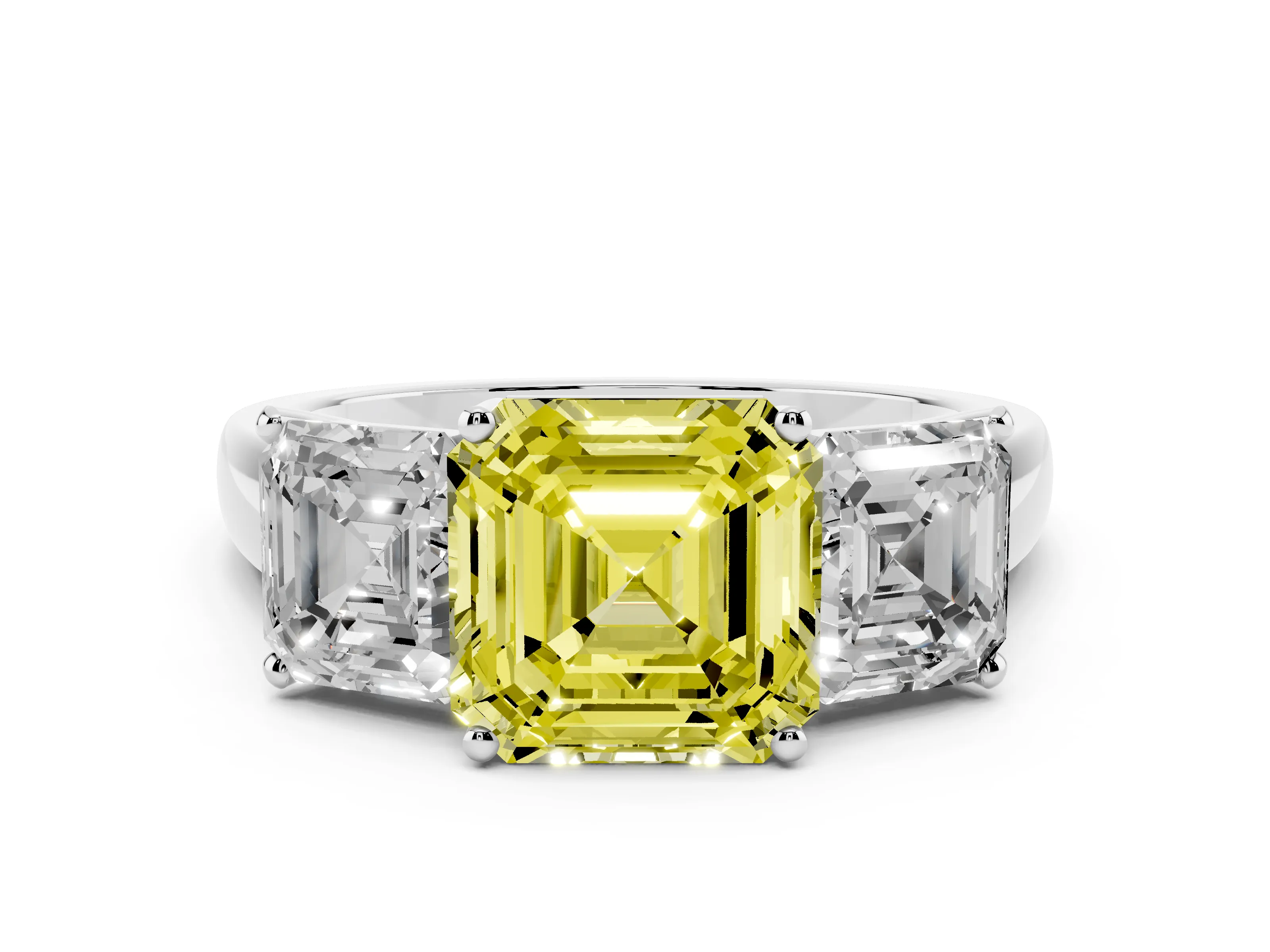 Fancy Yellow Asscher Cut Diamond Three-Stone Ring Set in Platinum with Classic Prong Setting and Plain Band